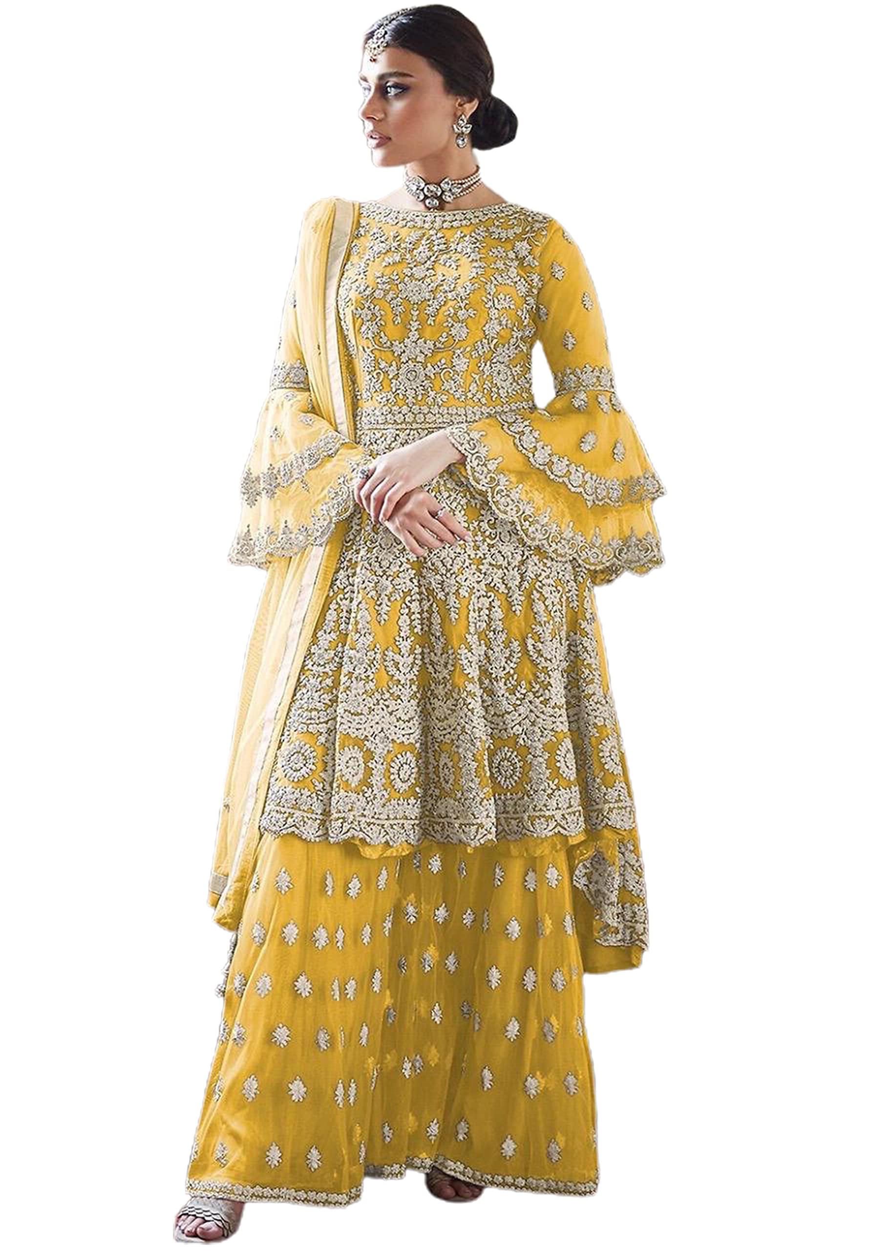 Miss Ethnik Women's Net Semi Stitched Top With Bottom and Dupatta Embroidered Flared Top (Kurta Palazzo Set)