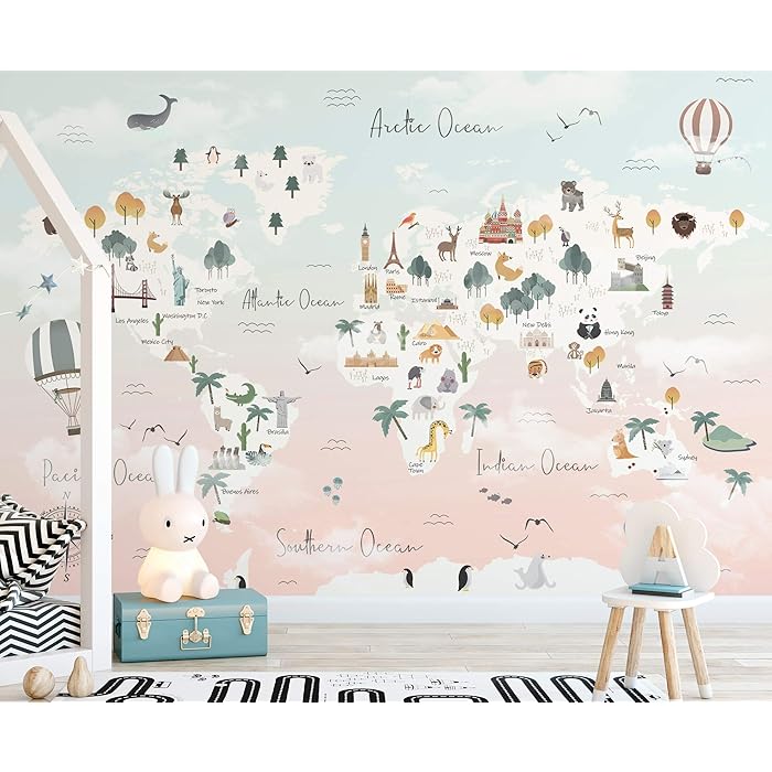 Buy Murwall Kids Wallpaper Map Wallpaper for Girls Pink World Map