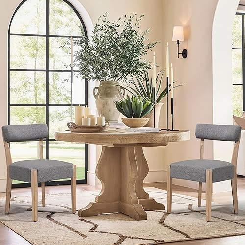 Juego de 2 sillas de comedor modernas de mediados de siglo, sillas de comedor tapizadas de lino con respaldo bajo, diseño tejido, tela gris