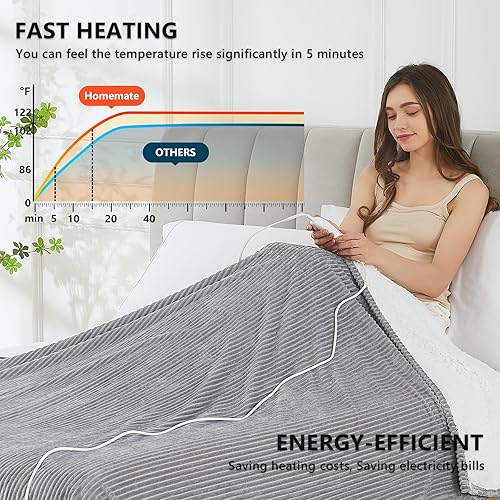 Miniatura 4 de Homemate Manta térmica eléctrica, manta de franela Sherpa de apagado automático de 62 x 84 pulgadas con 10 niveles de calor, protección contra