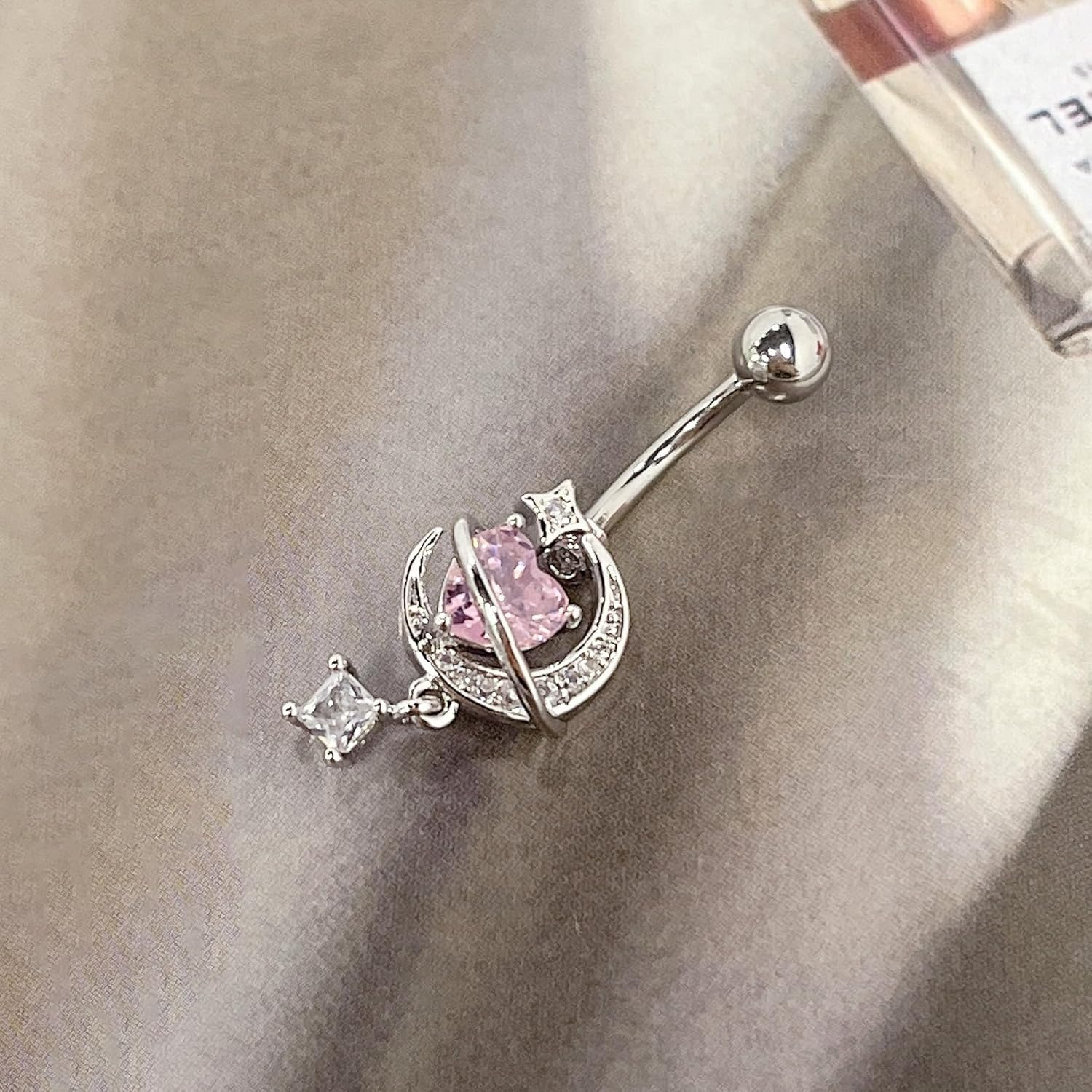 14G CZ Moon Dangle Belly Button Rings for Women Dainty Pink Heart Square Crystal Dangle Belly Button Ring Hypoallergenic Stainless Steel Belly Piercing Jewelry Navel Curved Barbell 3/8" - Image 4
