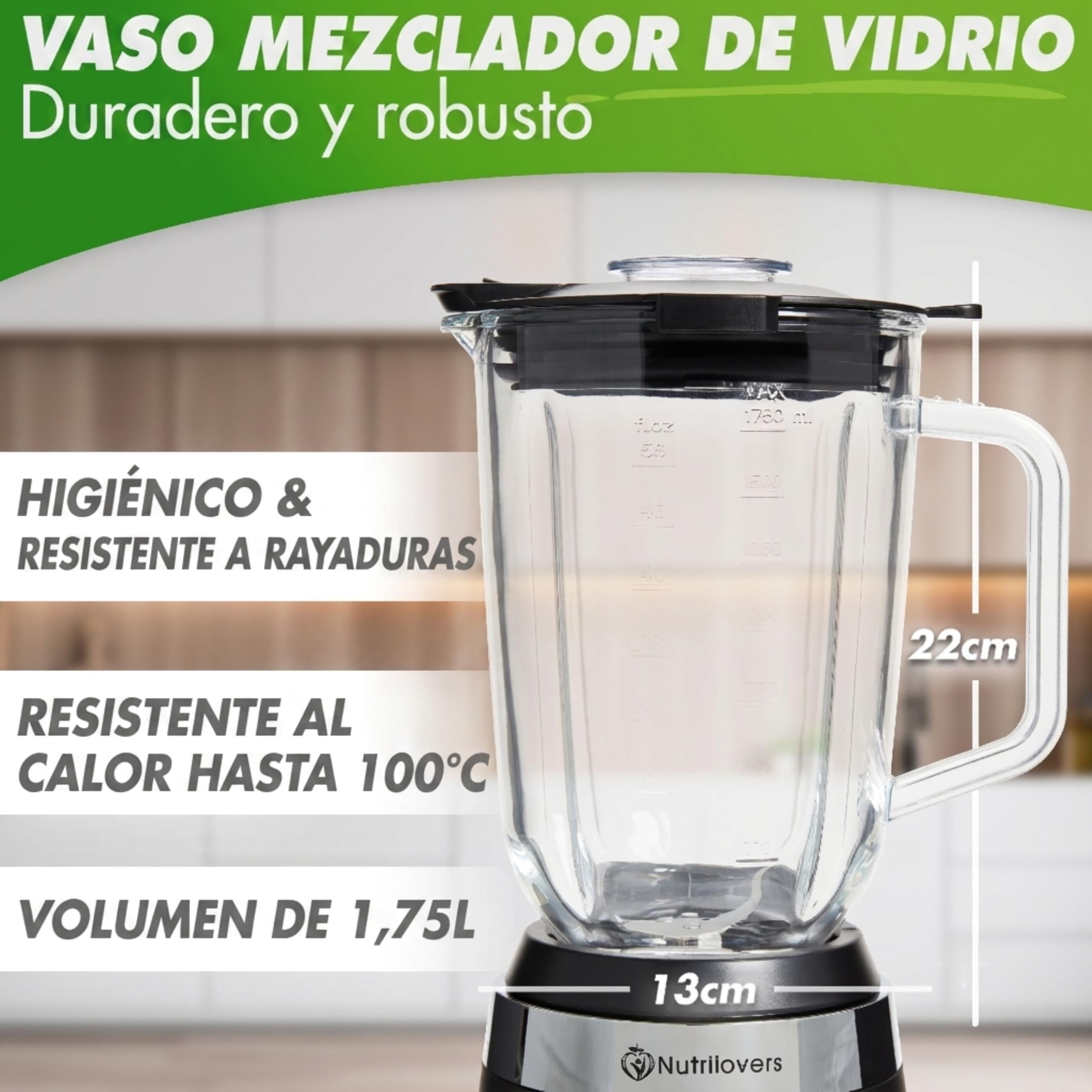 Nutrilovers Batidora de Vaso con Jarra de Cristal, 1300W, 1.3L, Sin BPA | Cristal