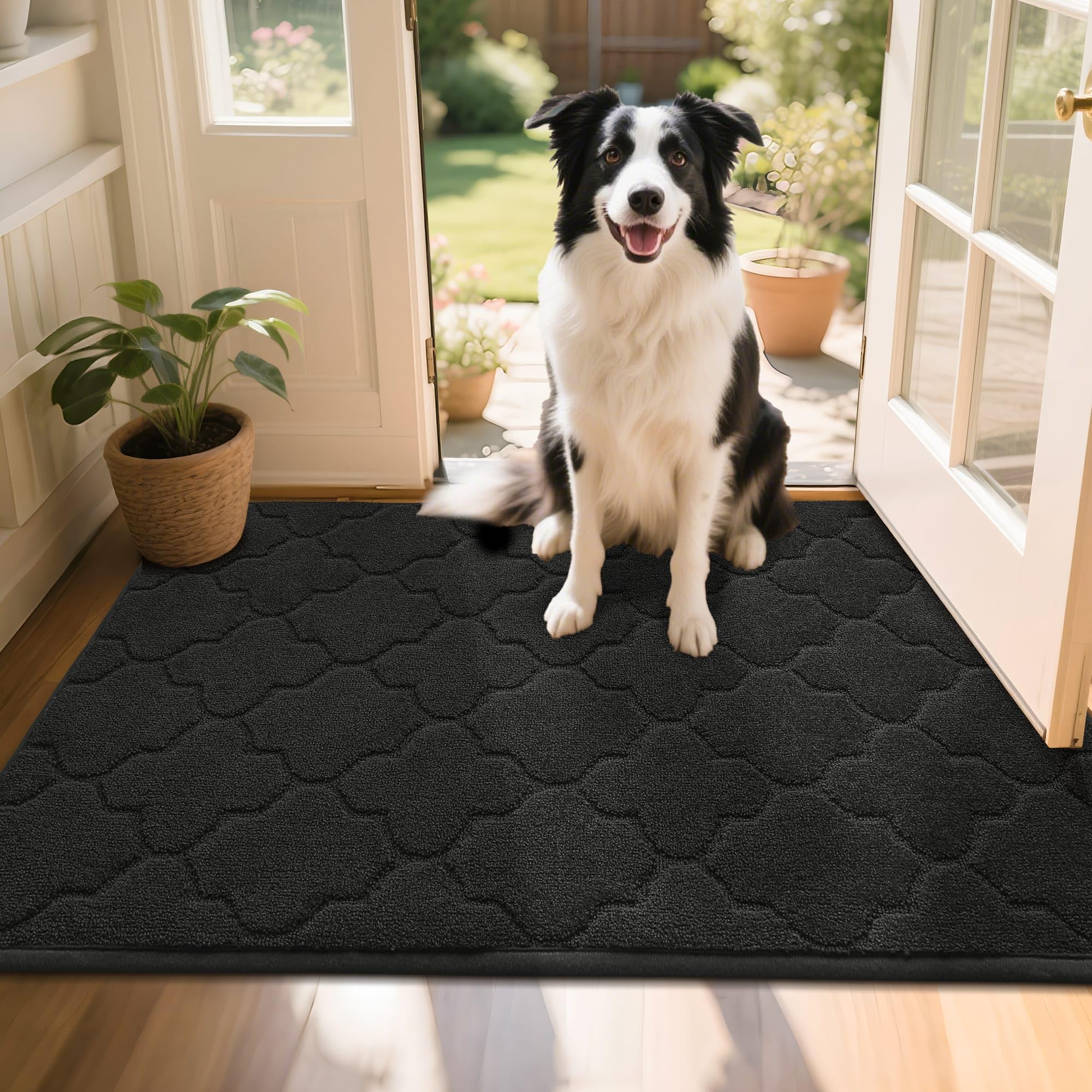 COSY HOMEER Front Door Mat 80x120 CM, Dirt Trapper Floor Mat, Polyester Welcome Door Mat for Kitchen Room Office Entryway Doors, Absorbent Non-Slip Low Profile Indoor Doormat, Machine Washable, Black