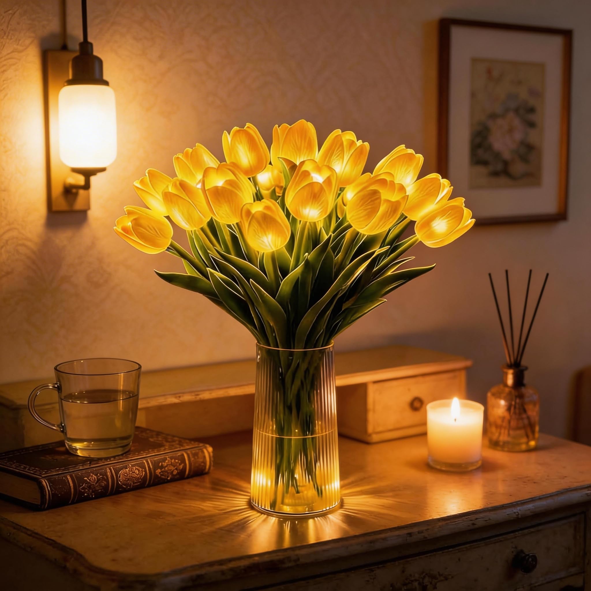 ByteCraft Radiant Romantic Tulip Light, 15 PCS Twinkling Tulips Led Night Light that Never Fade, Flower Shaped Ambient Night Lamp for Bedroom Bedside Decor, Gift for Mother's Day