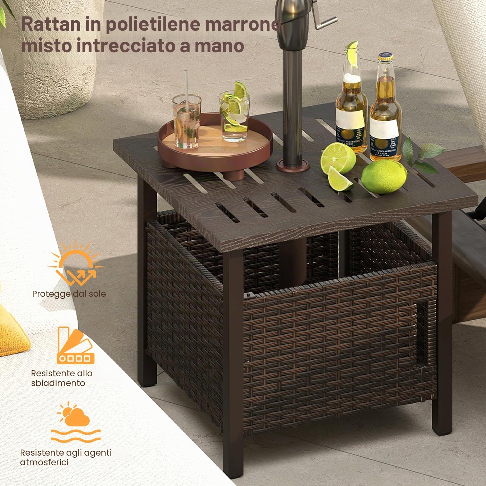 LIFEZEAL Tavolo da giardino in polyrattan con foro per ombrellone, per esterni, resistente alle intemperie, con 2 sacchi di sabbia, tavolo quadrato da balcone per giardino, cortile, terrazza, 55,5 x