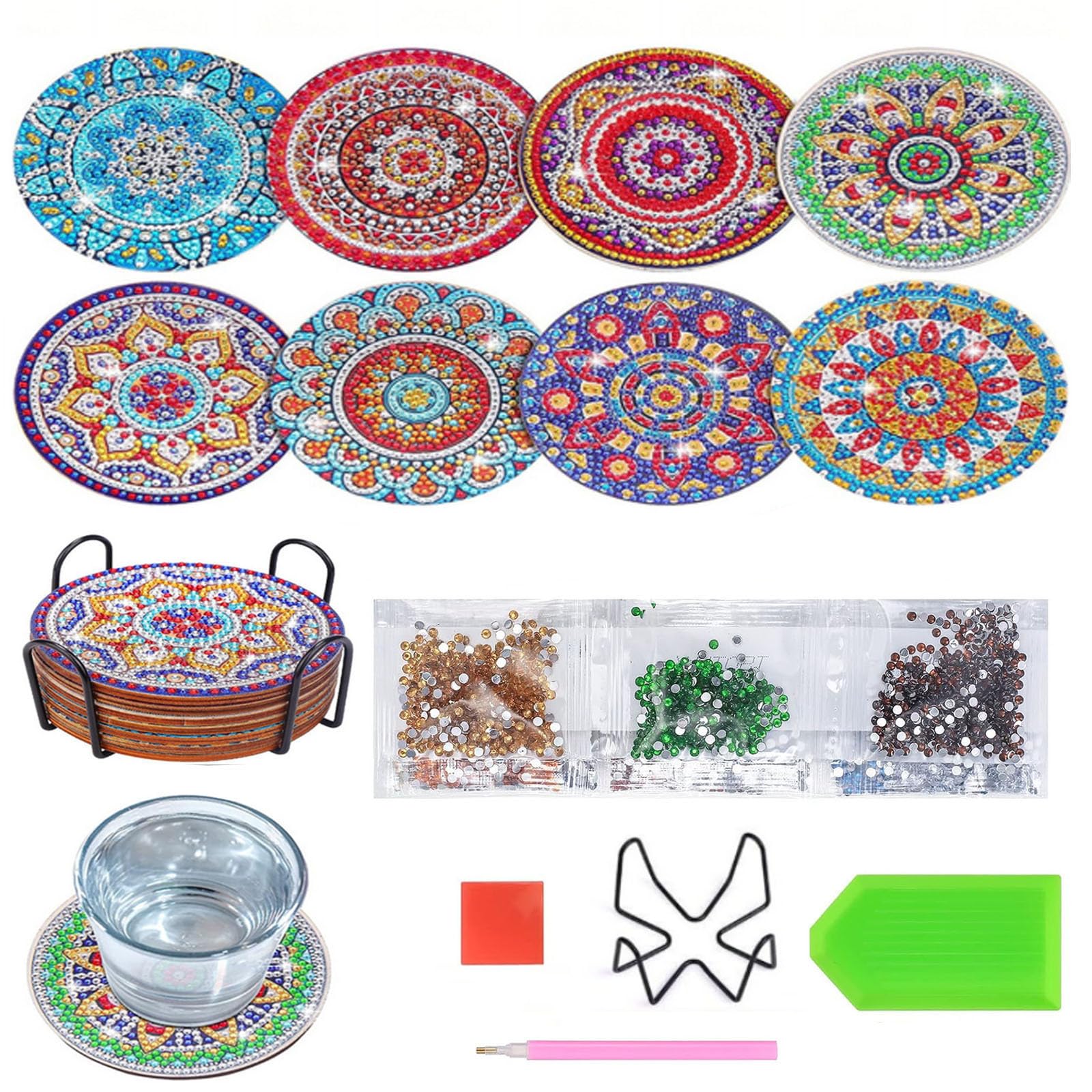 Oaygat 8 PCS 5D DIY Diamond Crafts Painting Coasters Round Diamond Art Cup Drink Coasters with Holder DIY Diamonds Art Coaster Kits for Beginners Adults Small Arts Craft Supplies