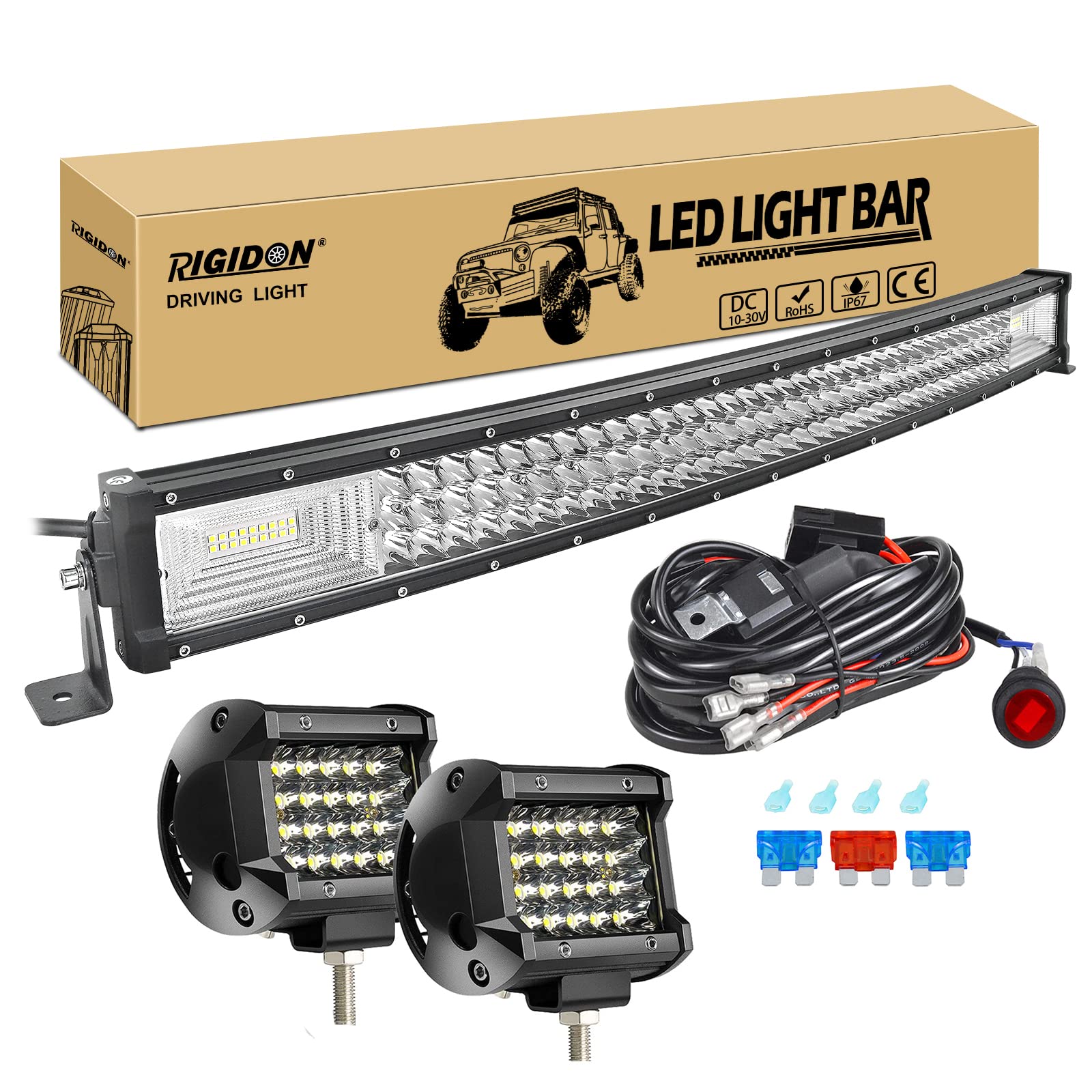 RIGIDON 32 Pollici 80cm 405W Curva Barra Led Fuoristrada Con 12V Cablaggio Kit, 2x 4 Pollici 60W Luci di Lavoro Per Auto Camion SUV ATV 4x4 Veicoli, Impermeabile 6000K Alluminio Barra Luce Led
