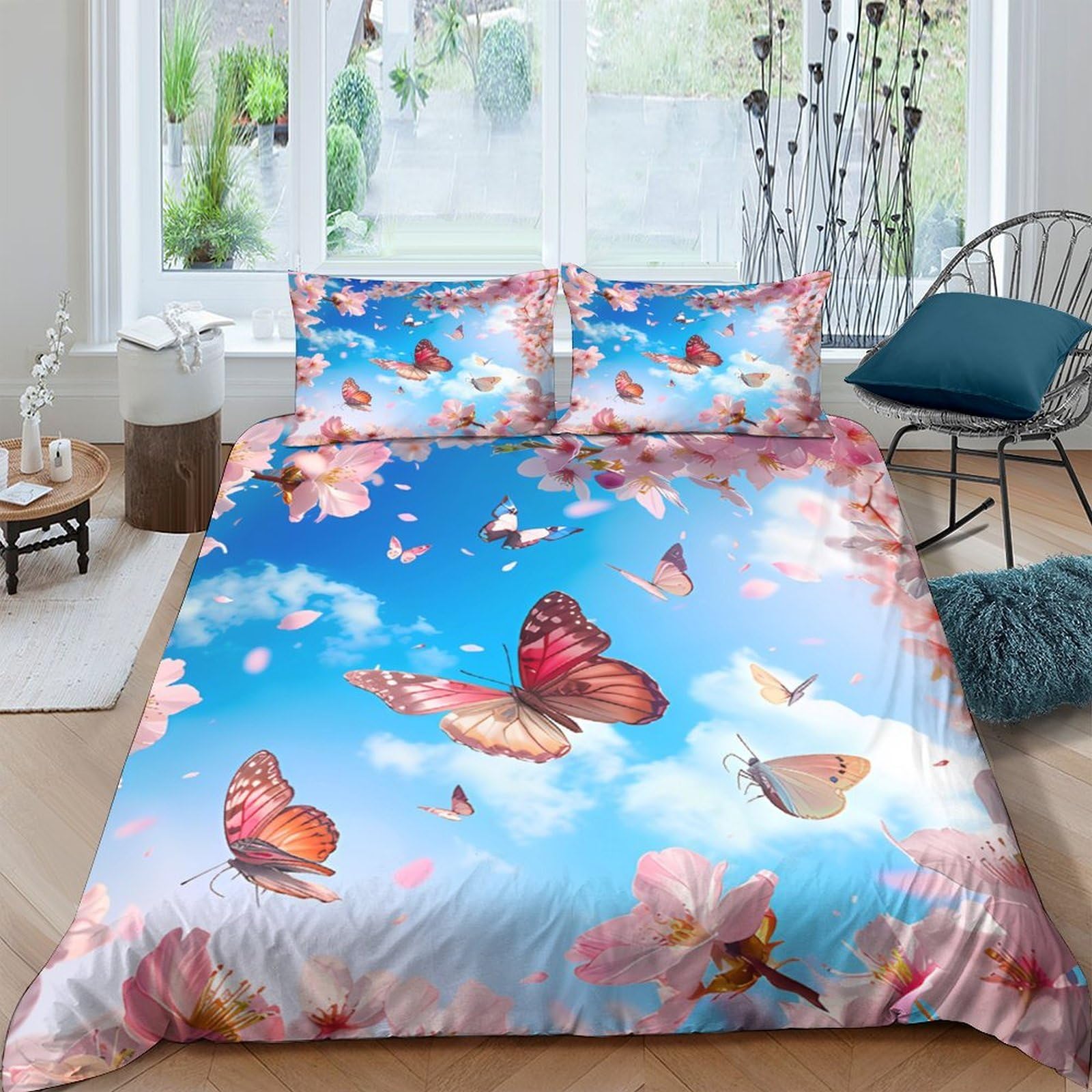 Ctjqhvkz Style-2 3D Printed Butterfly Blossom Fitted Sheet Microfiber Soft Bedroom Decor Sky Floral Mattress Cover Single（135X200cm）