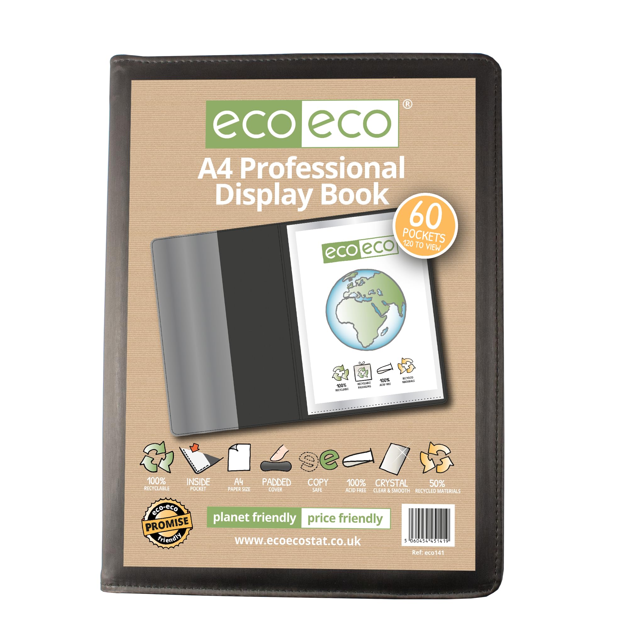 eco-eco A4 50% Recycled 60 Pocket Black Professional Business Display Book, Padded Portfolio Art Folder with Plastic Sleeves, eco141