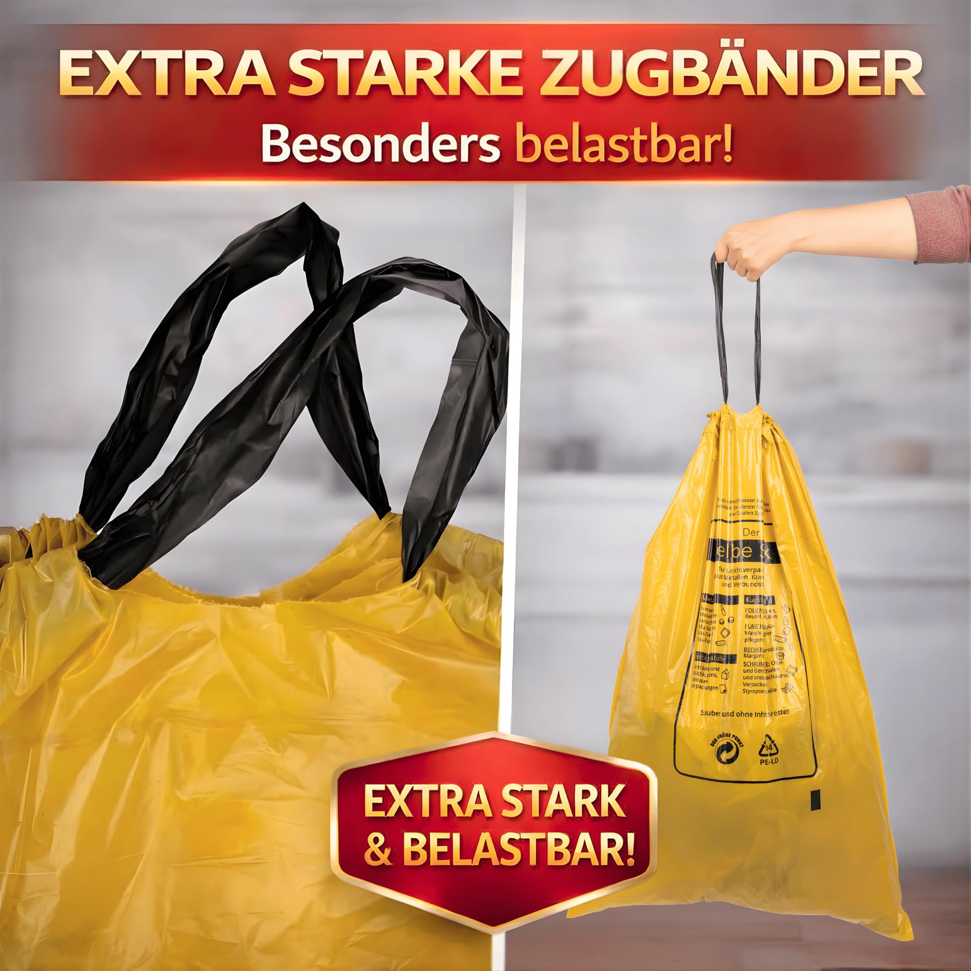 extra starker Gelber Sack 27µ, 5 Rollen Gelbe Säcke, 90 Liter, (die stärksten)- Wertstoffsack DSD konform (5)