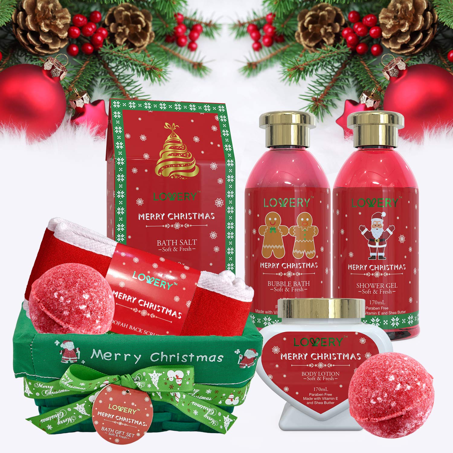 Bath and Body Christmas Gift Basket For Women – Strawberry & Sandalwood Fragrance - Holiday Home Spa Set, Includes Merry Christmas Body Lotion, 2 Oversized Bath Bombs, Bath Salt, Weaved Basket & More view 4