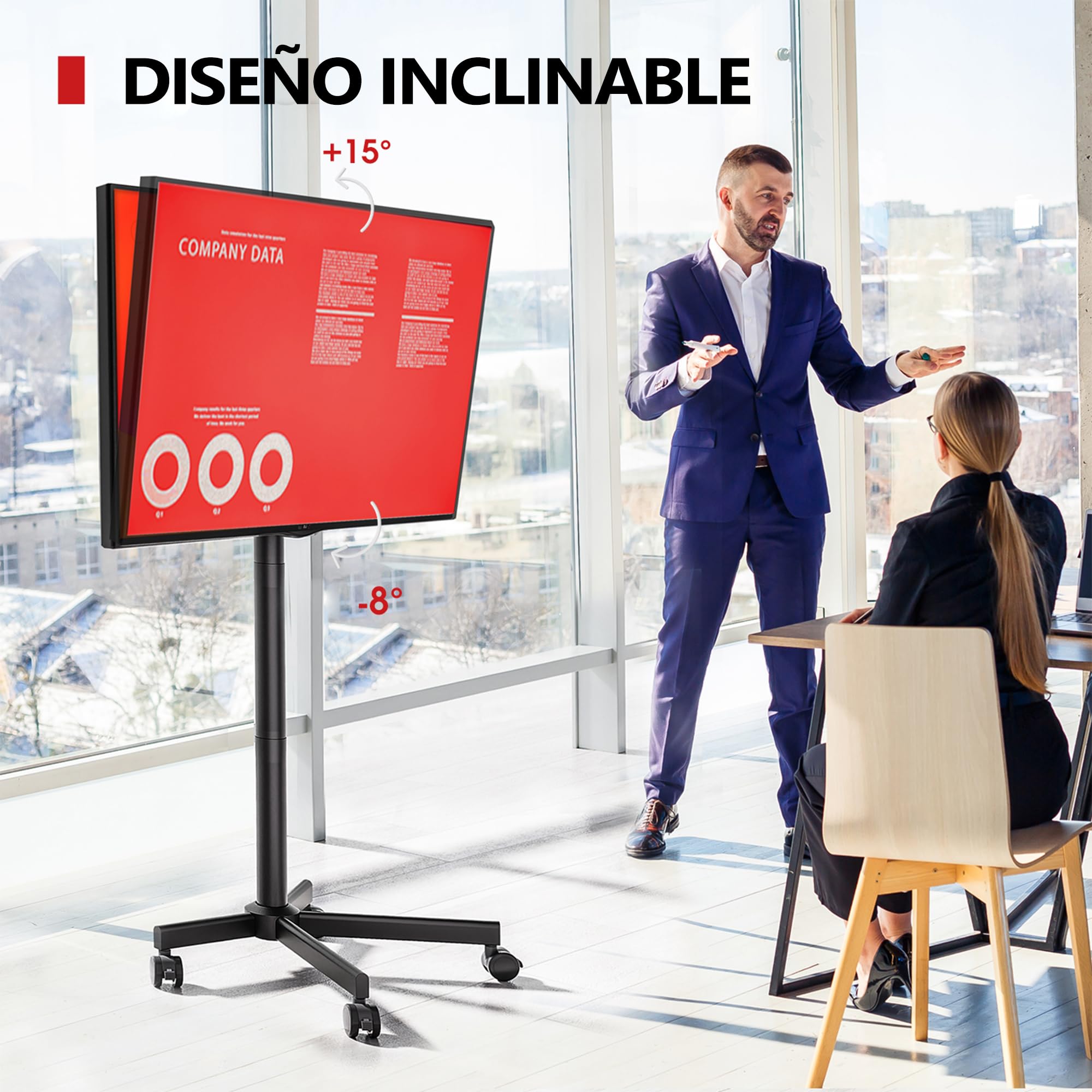 AOKCOS Soporte de TV enrollable para televisores de 32 a 65 pulgadas, inclinable y regulable en altura, con ruedas, diseño sin tornillos, soporte de suelo, universal, máx. VESA, 400 x 400 mm, 40 kg