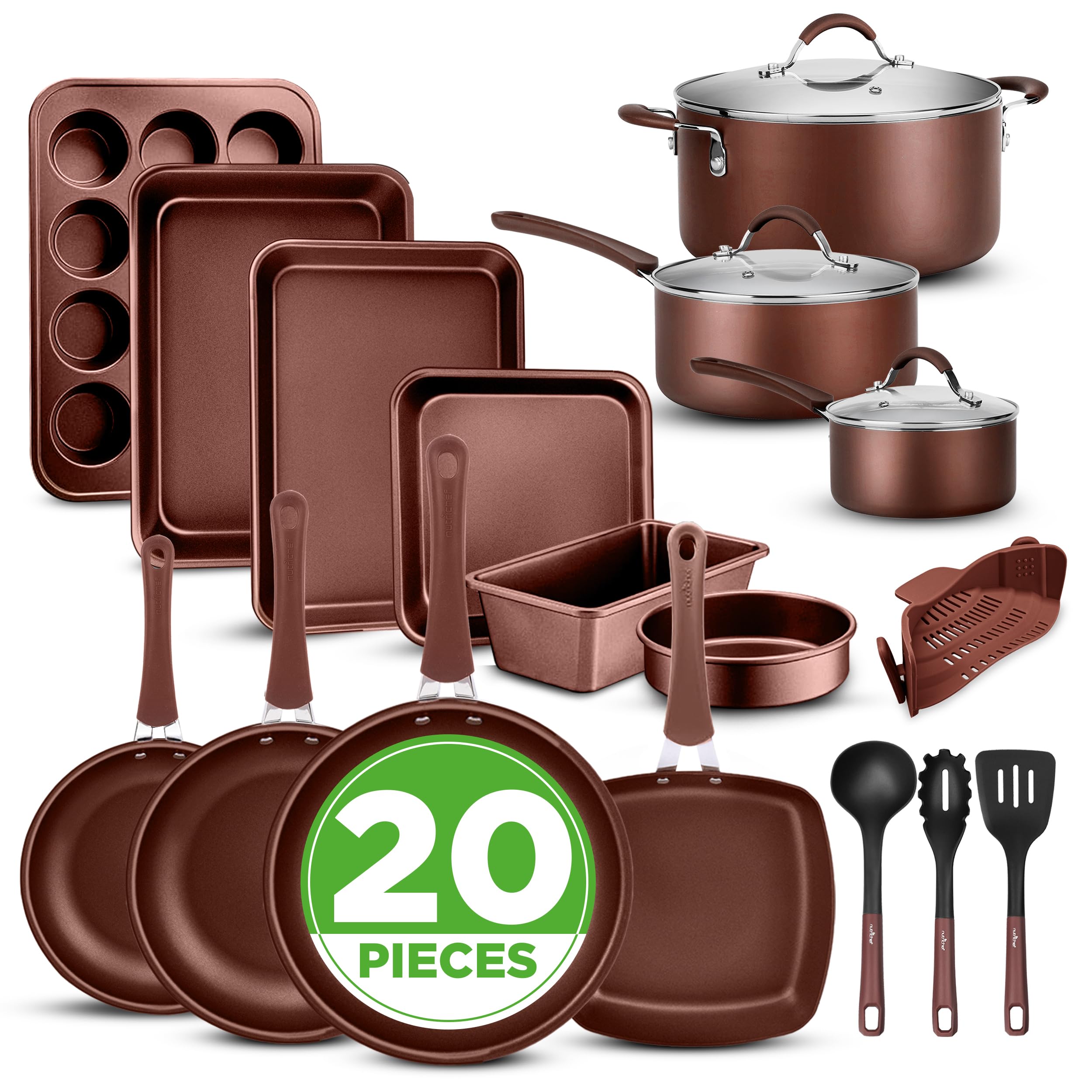 Nutrichef 20-Piece Non-Stick Cookware & Bakeware Set – Induction Compatible, Heat-Resistant Handles, Saucepans, Frying Pans, Muffin & Cookie Tray – PTFE/PFOA/PFOS-Free, Brown