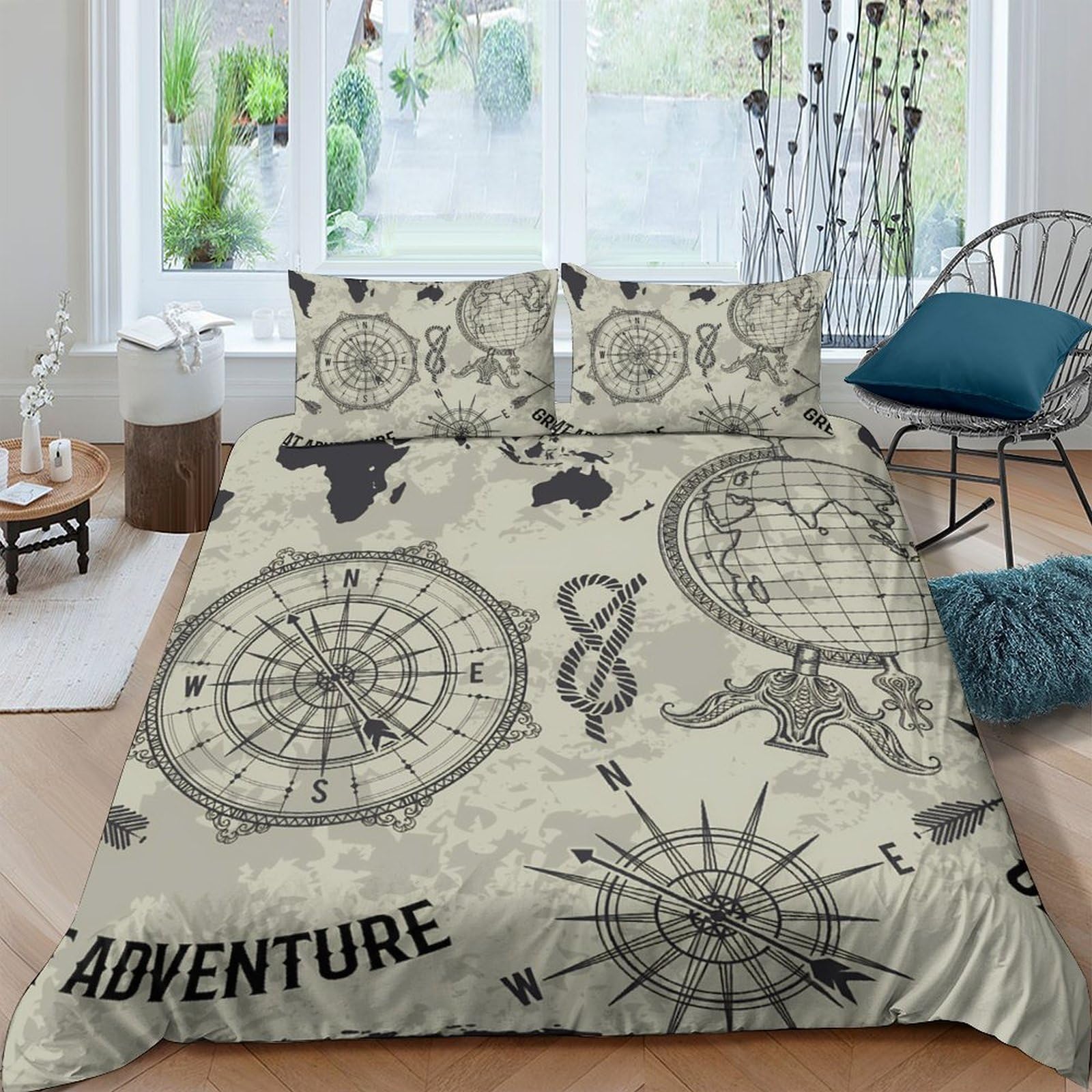 Ctjqhvkz Style-8 3D Printed Vintage Map Fitted Sheet Microfiber Compass Adventure Bed Cover For Bedroom Guest Room Decorative Single（135X200cm）