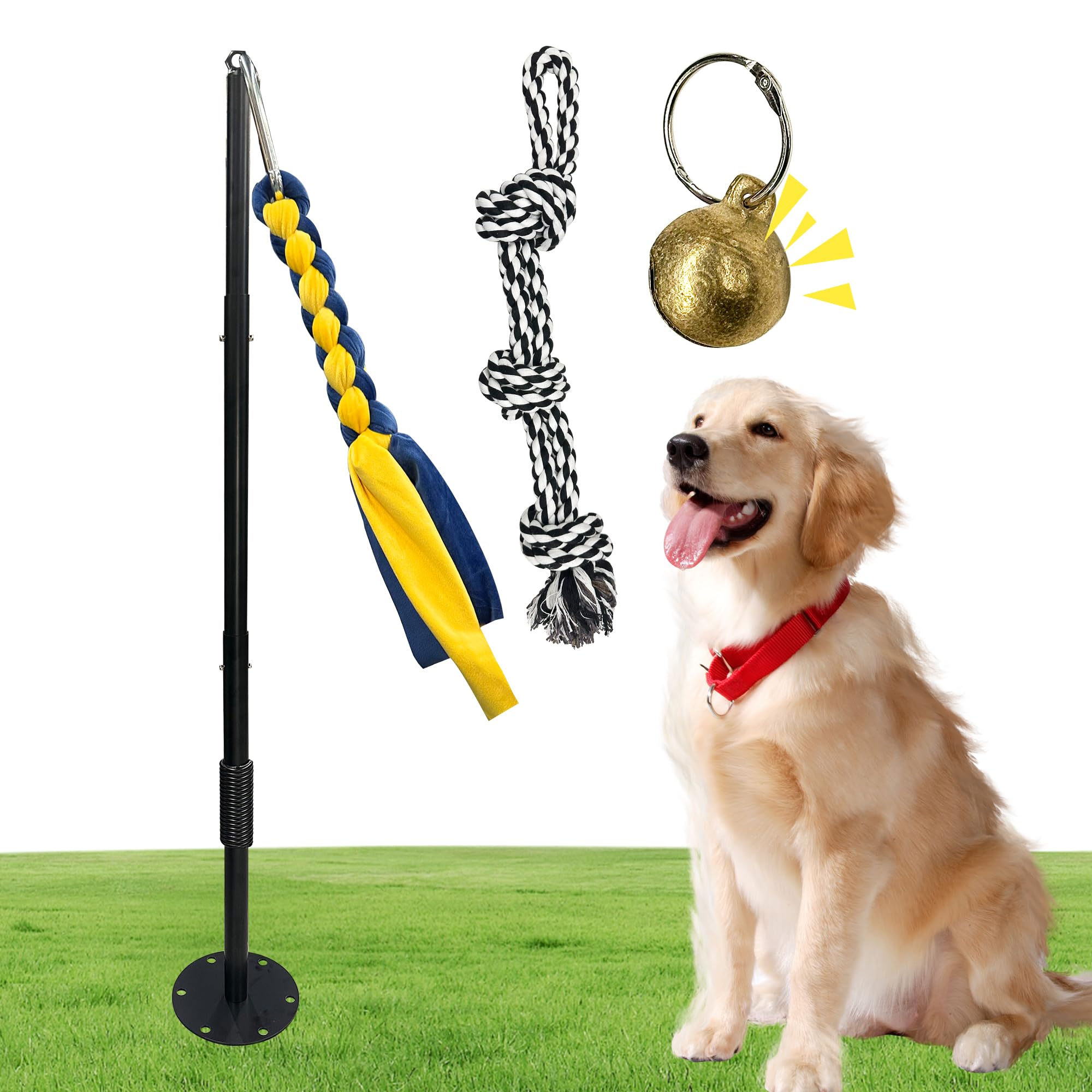 Tether Tug - Juguete para perros al aire libre, juguete de ejercicio para perros con cuerda y campana para perros grandes y medianos, altura ajustable