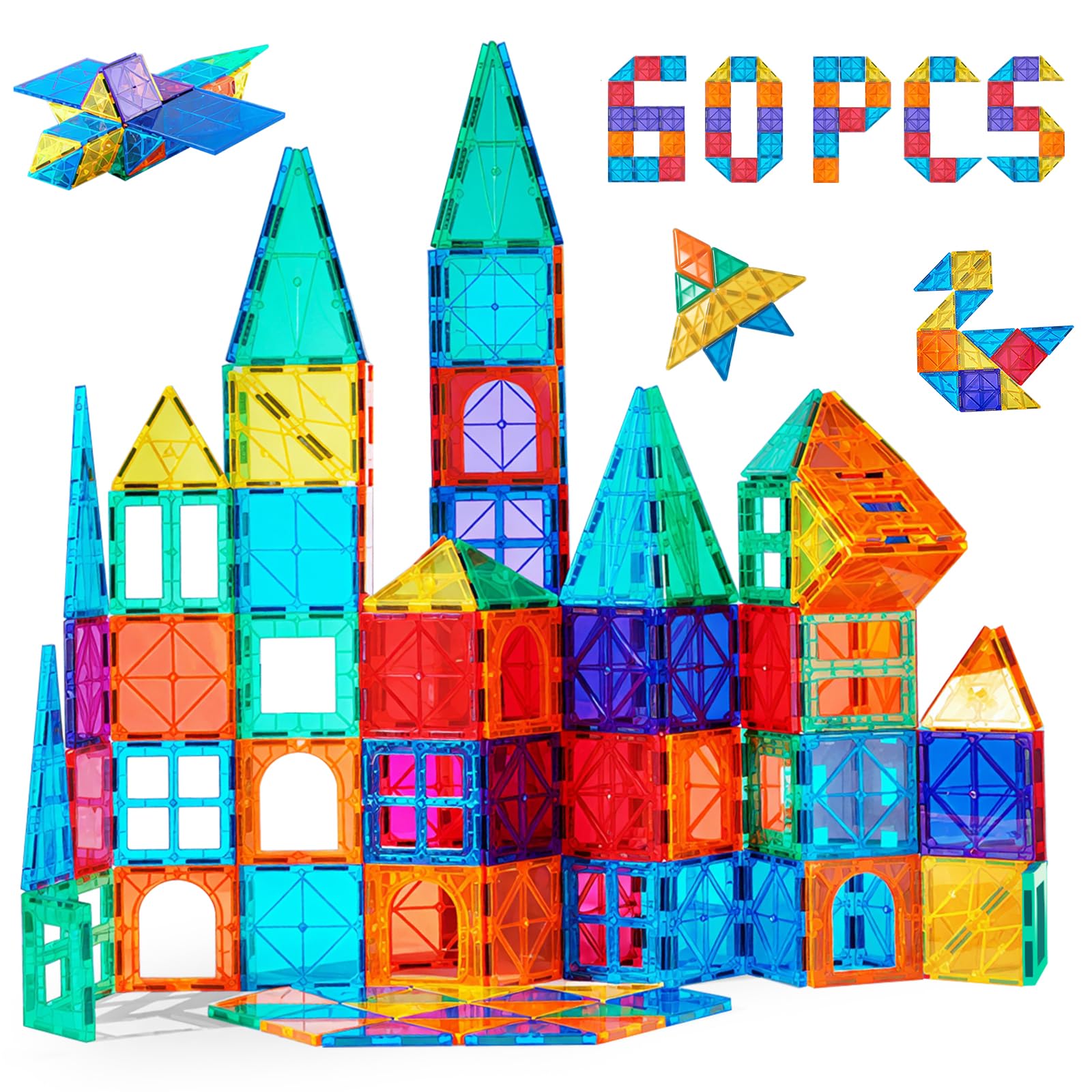 ZQSQD Juguetes Magnéticos Juego de 60 Piezas,Juguetes Construccion 3D,Bloques Magnéticos Juguetes de Construcción,Adecuado para niños y niñas.