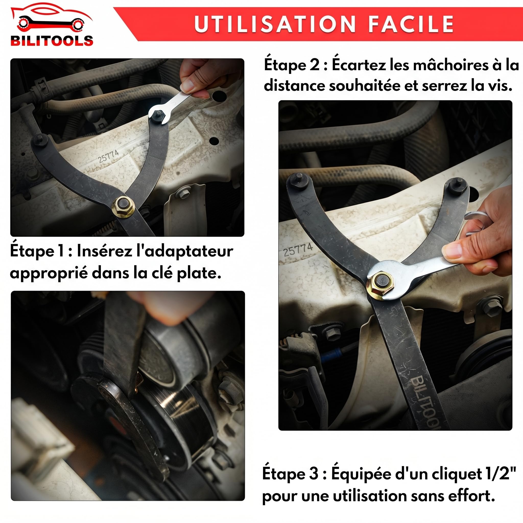 BILITOOLS Clé Maintien Poulie 1/2 Pouce Réglable avec Goupilles | Outil poulie vilebrequin avec entraînement 1/2", goupilles interchangeables pour courroies accessoires et moteurs auto