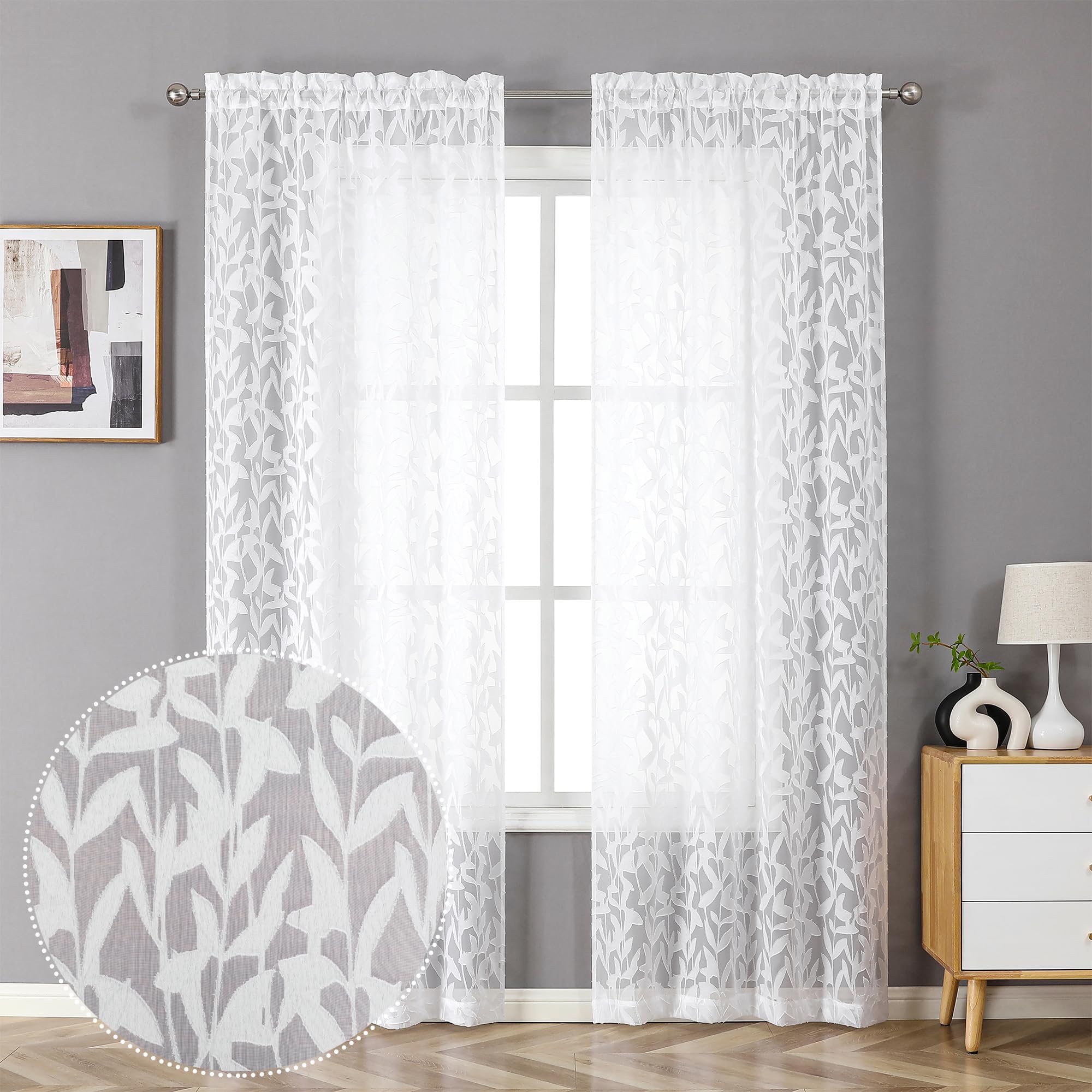 Lecloud Leia Texture Semi Sheer White Curtains 84 Inches Long 2 Panels, Jacquard Clip Double Rod Pockets Window Living Room Curtain with Leaves, Airy Durable Gauzy Drapes for Bedroom, 38x84 Inch