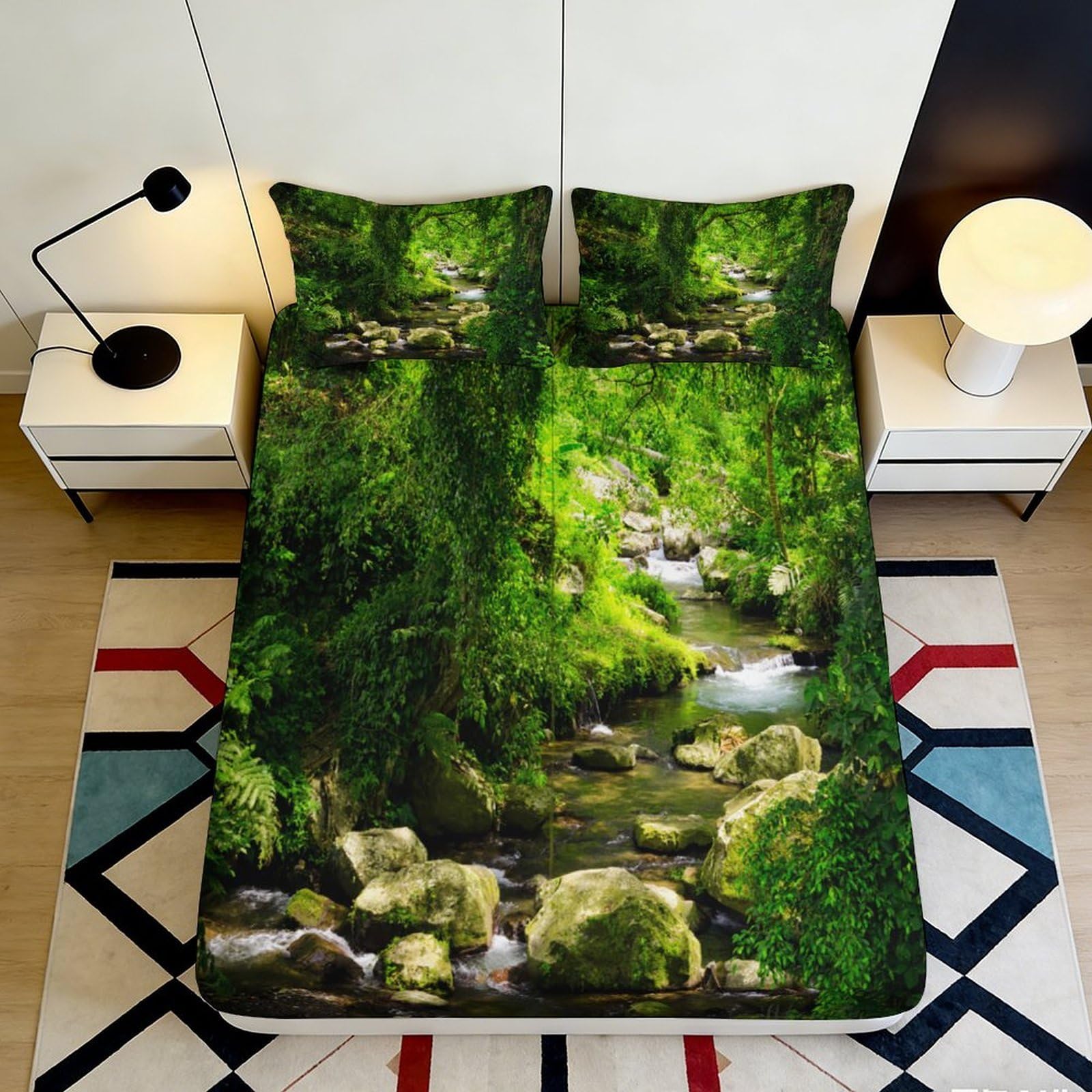 Dhbaneiok Style-8 3D Printed Forest Stream Fitted Sheet Microfiber Soft Green Nature River Mattress Cover For Bedroom Guest Room Decor 90X200x25cm