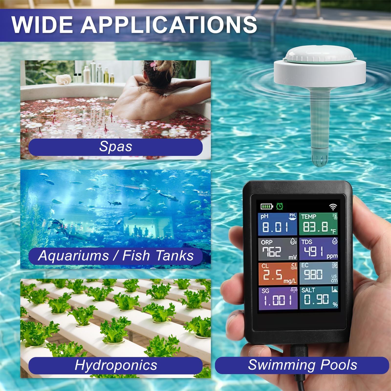 Smart WiFi Wasserqualitätstester, 8-in-1 digitales pH TDS EC Messgerät, Chlor Salzgehalt ORP S.G. Temperatur Multi-Parameter Monitor, Tuya App Echtzeit-Fernüberwachung für Pools, Aquarien, Spas