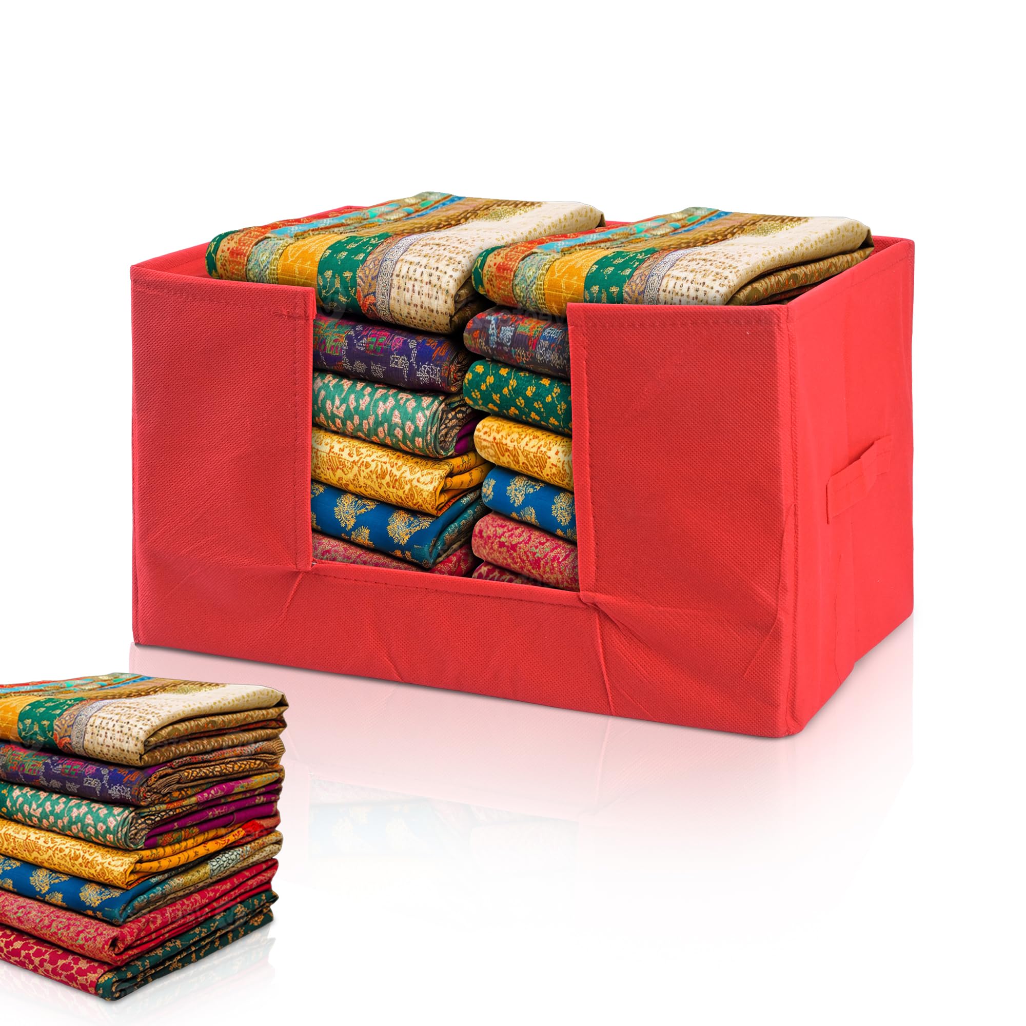 Kuber Industries Cloth Organizer for Storage Wardrobe | Closet Storage Organizer with Handle | Drawer Saree Box Organiser with Handle | Folding Storage Box for Clothes, Shirt | Plain | Red
