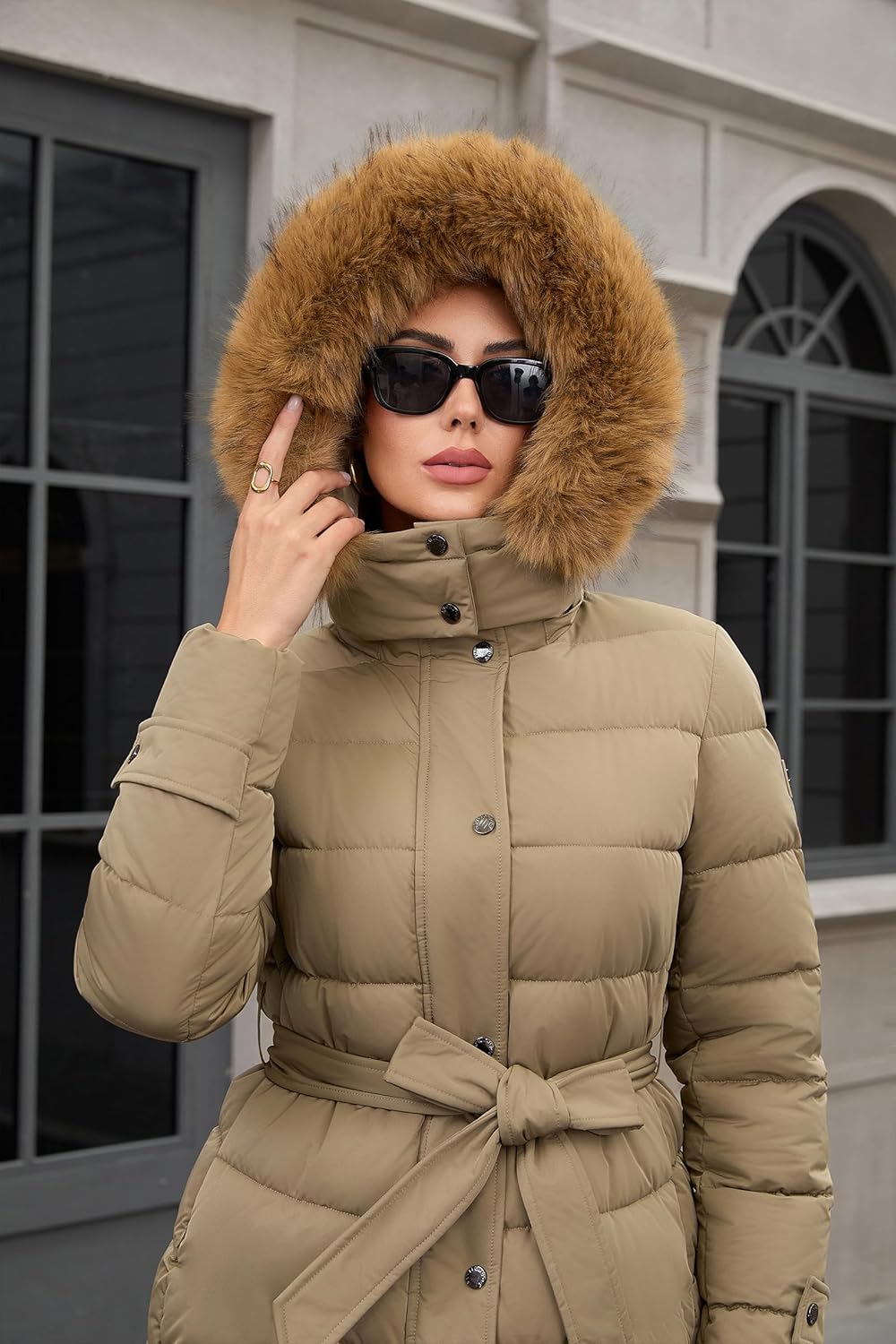 PAPILLON D'OR WEAR YOUR WINGS Women's Belted Mid-Length Puffer Coat - Detachable Faux Fur Collar Winter Jacket - Image 5