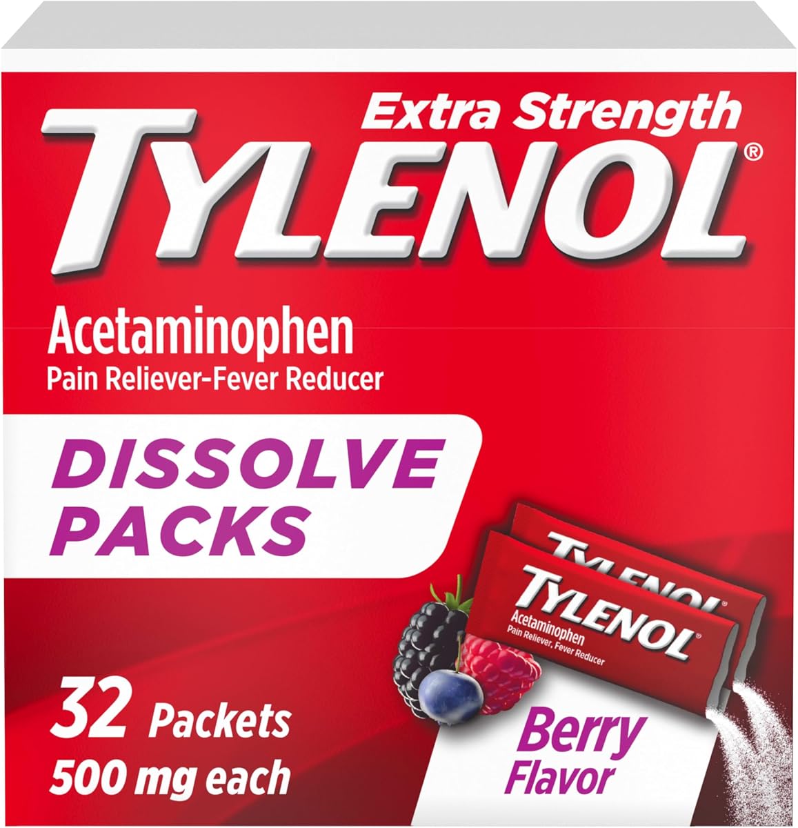 Tylenol Extra Strength Dissolve Powder Packs, Berry, 32 Ct | 500 mg Acetaminophen, Pain Reliever & Fever Reducer, Fast Relief for Minor Aches & Pains, Ibuprofen- & Aspirin-Free