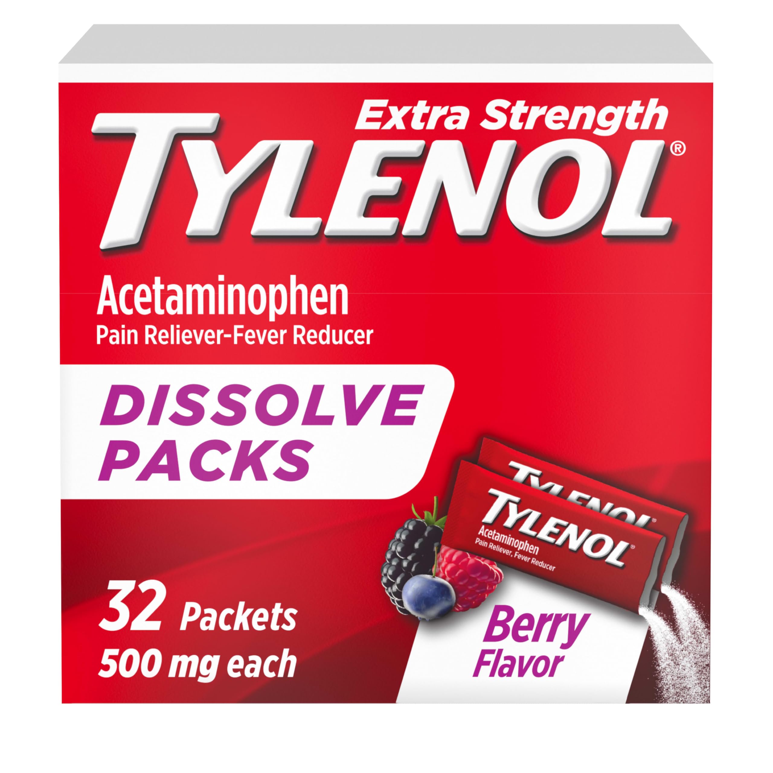 Tylenol Extra Strength Dissolve Powder Packs, 500 mg Acetaminophen Pain Reliever & Fever Reducer Medicine, Fast Relief for Minor Aches & Pains, Ibuprofen- & Aspirin-Free, On-the-Go Berry Flavor, 32 Ct