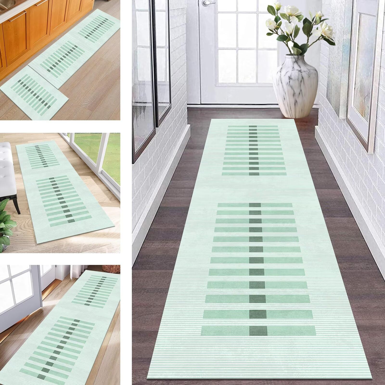 Tapis de couloir 100 x 240 cm lavable et antidérapant cyan blanc pour entrée