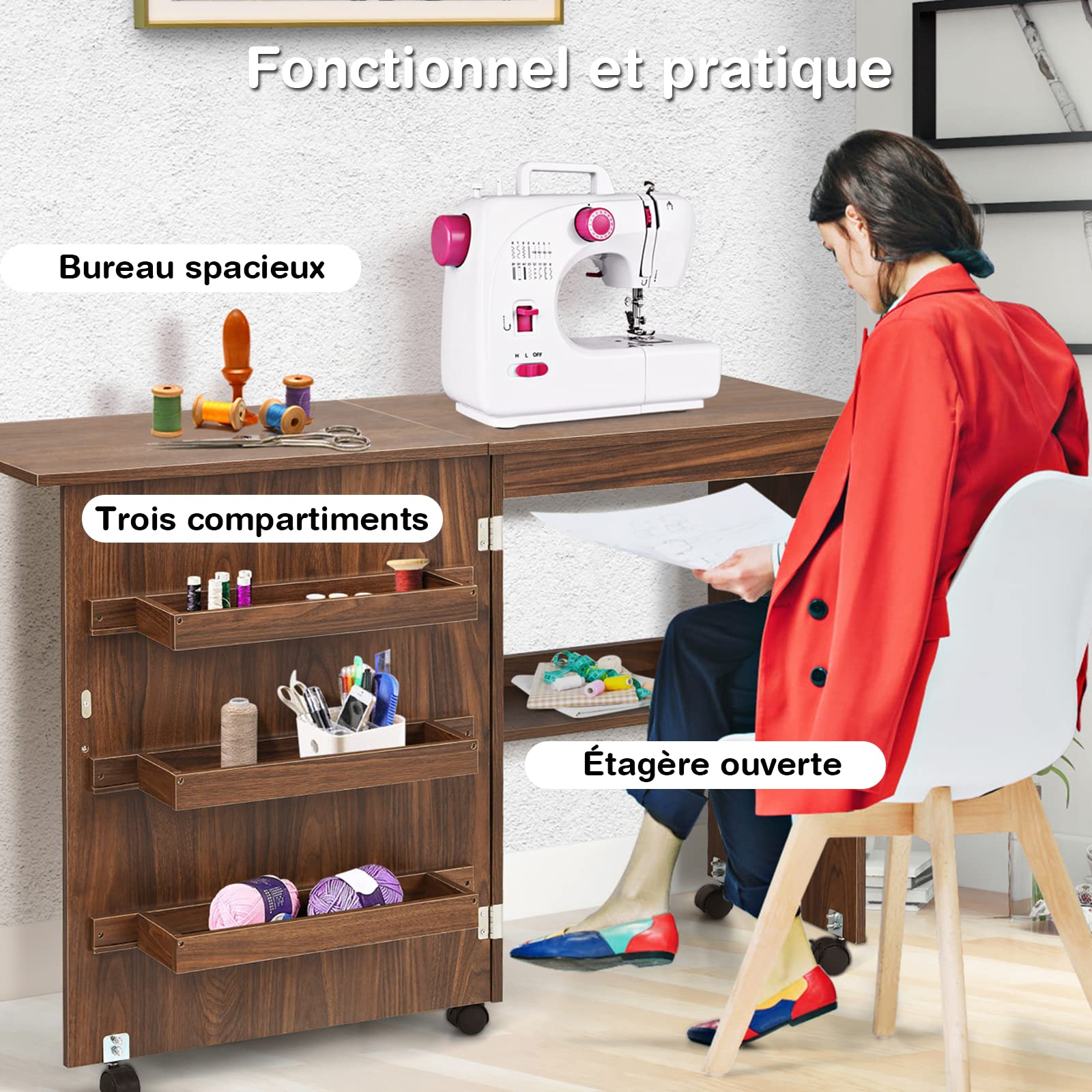RELAX4LIFE Table Pliable pour Machine à Coudre avec 4 Etagères de Rangement, Armoire à Machine à Coudre avec roulettes avec Freins, Table Pliable en MDF, 117 x 40 x 77 CM, Blanc/Naturel/Brun (Brun)