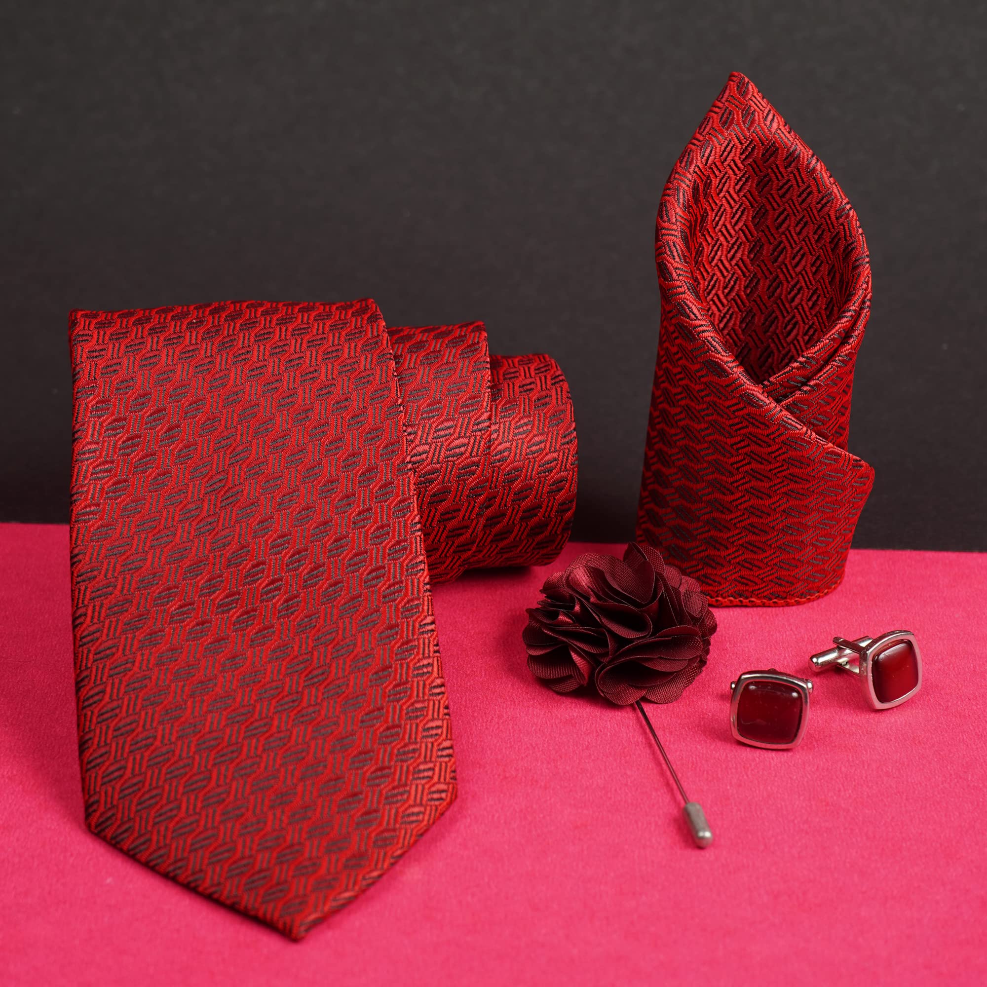 RIZORO Tie for Men – Dotted Silk Neck Ties Set with Cufflinks Flower Pin, Pocket Square & Black Gift Box, Combo Necktie Sets for Office Wear, Formal Suits & Weddings (Maroon, A12MRRX) 4