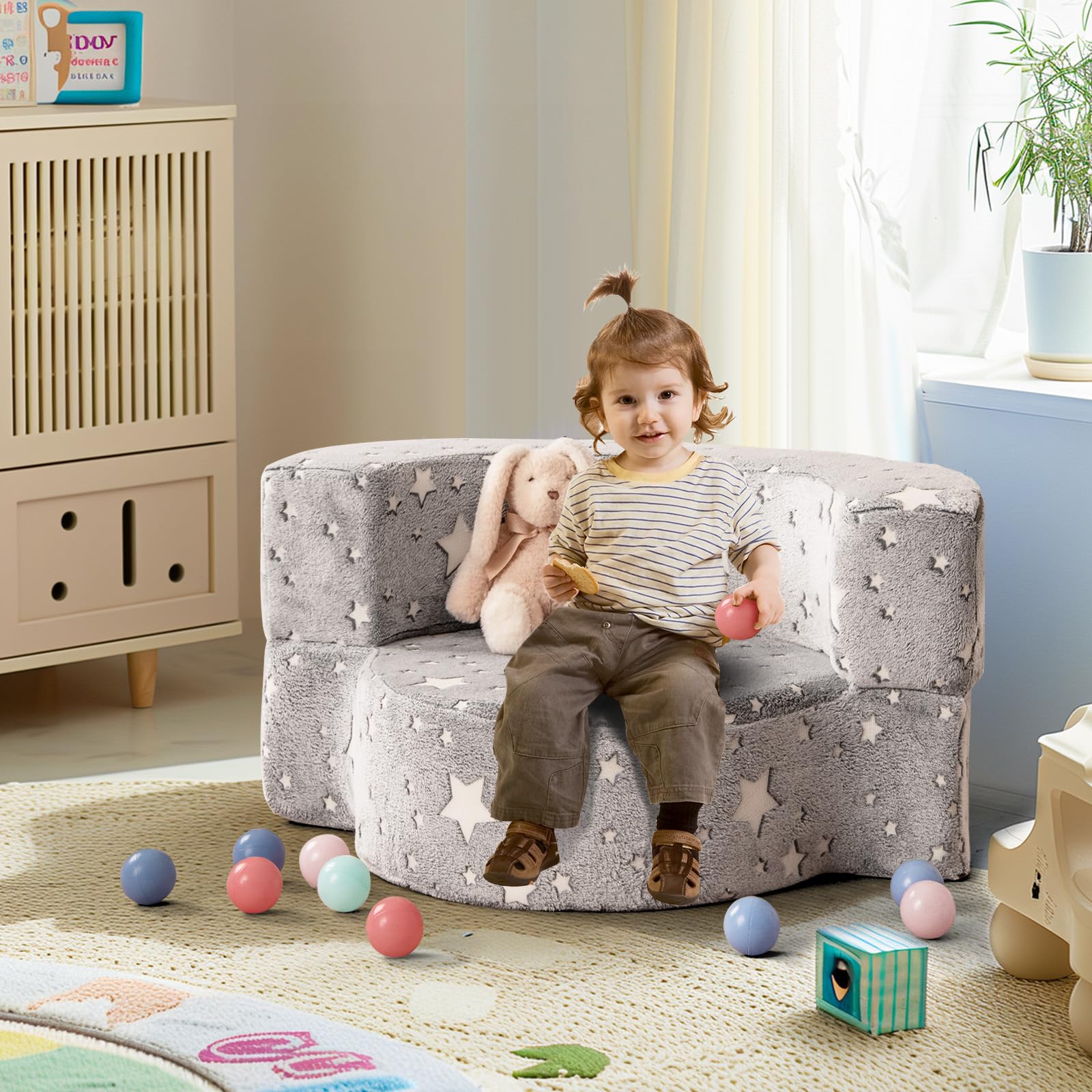 COSTWAY Canapé Convertible Enfant Lumineux avec Motif Étoile, Fauteuil Enfant Convertible en Tissu Flanelle avec Housse Lavable, Canapé Modulaire Phosphorescent pour Garçon et Fille de 3 Ans+