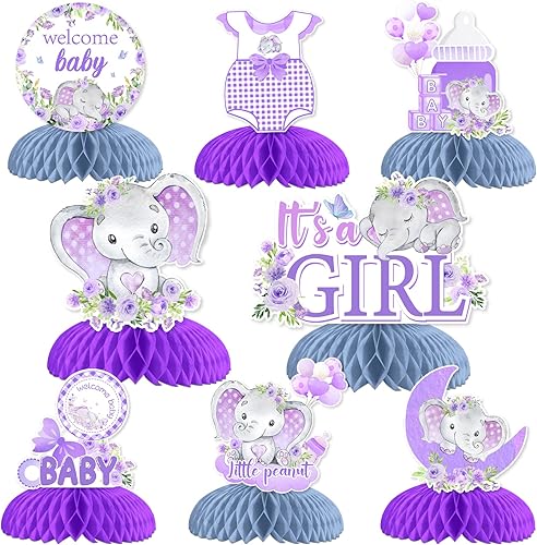 8 piezas de centro de mesa de elefante para baby shower, diseño de panal de abeja, decoración de fiesta de baby shower, color morado, elefante