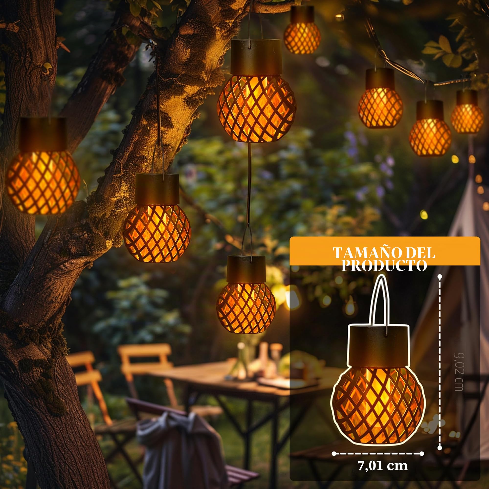 GIGALUMI Paquete de 8 luces solares colgantes de llama parpadeante, luces solares impermeables para jardín, patio, valla, árbol