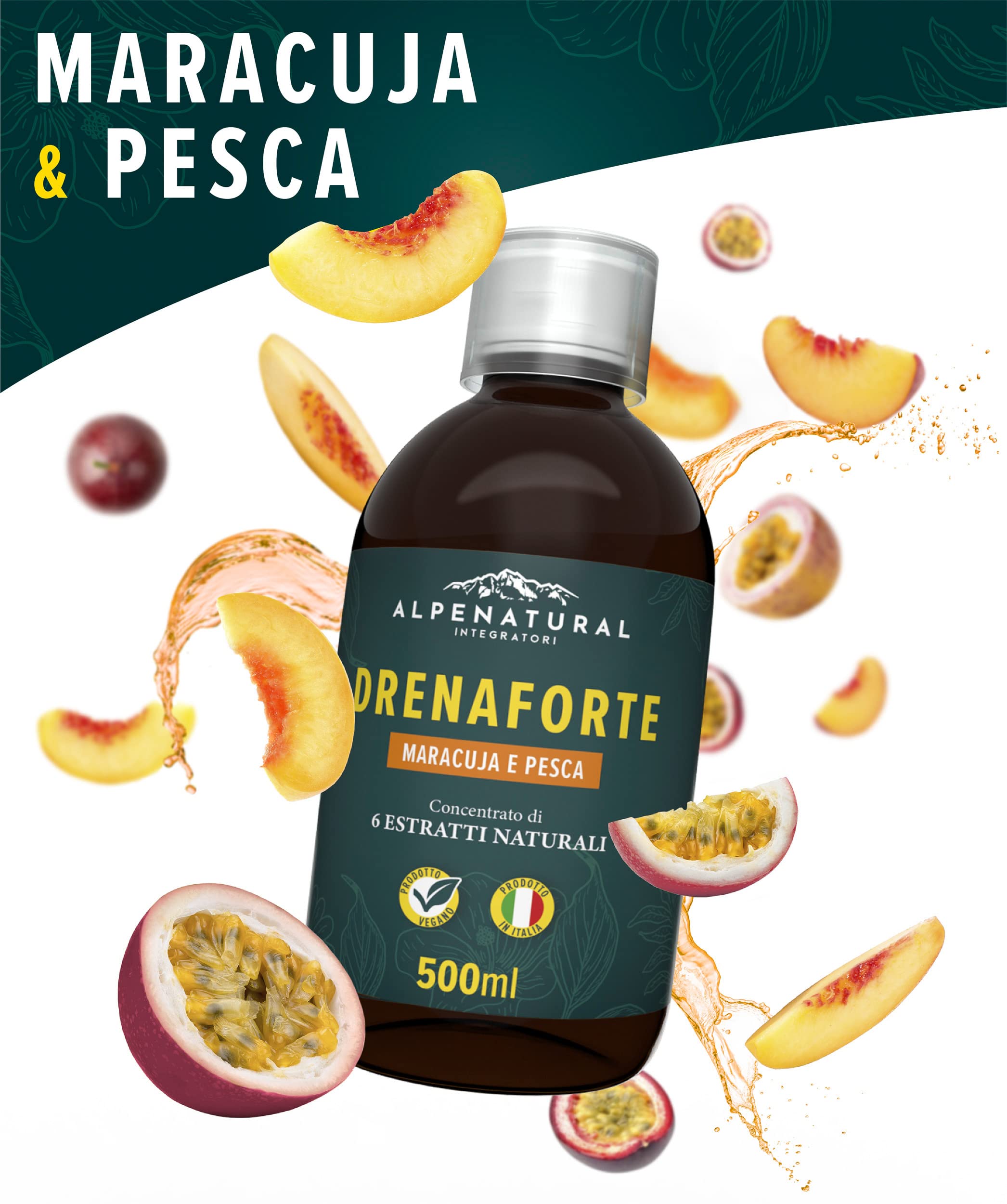 Drenaforte | Drenante forte, Concentrato di 6 Estratti Naturali, Drenante, Diuretico, Detox, Depurativo Naturale, Ritenzione Idrica | Maracuja e Pesca, Vegano, 500 ml
