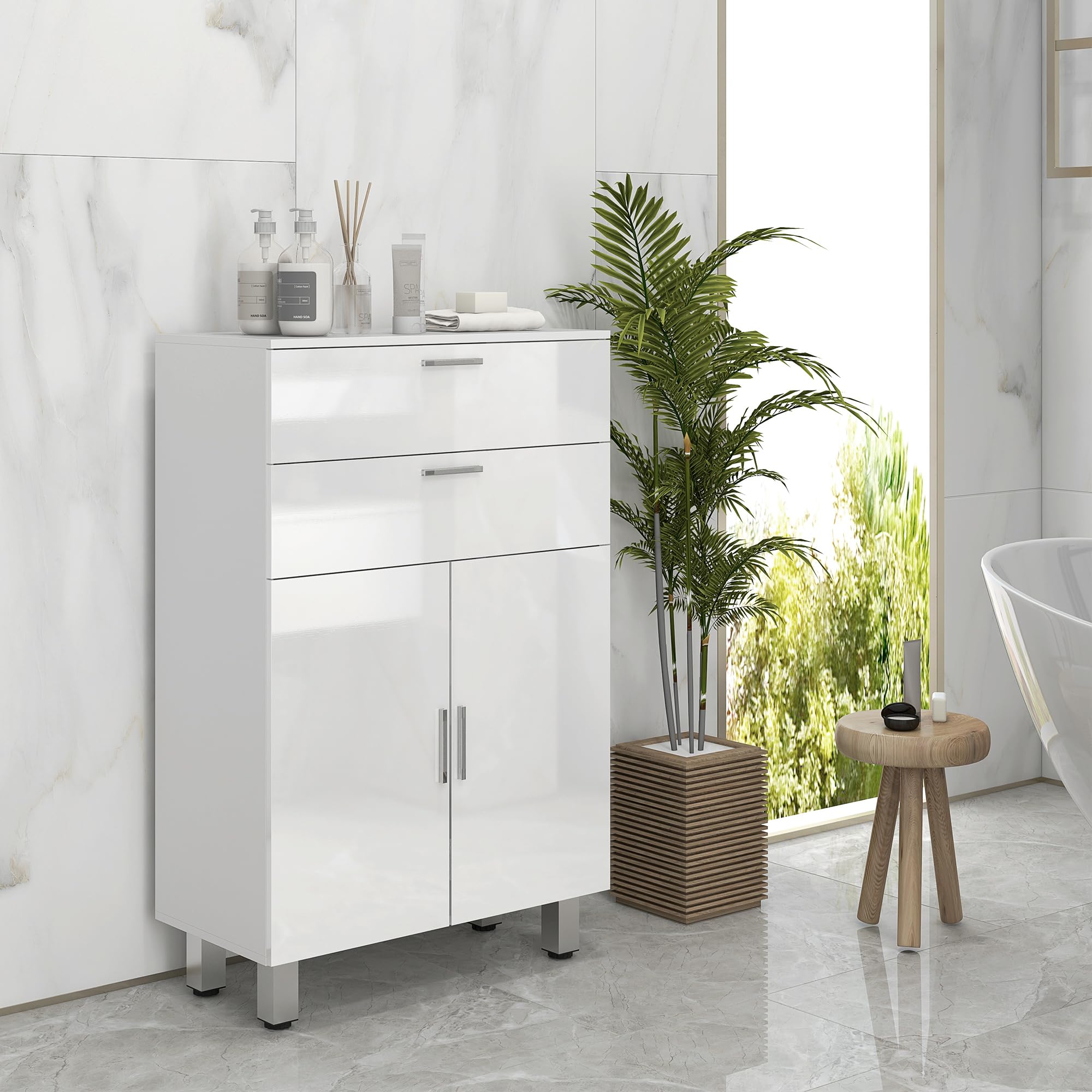 kleankin Mueble Auxiliar Baño Moderno Mueble de Baño con Estantes Ajustables y 2 Cajones Armario Mueble de Almacenaje para Dormitorio Salón Antivuelco Blanco Brillo Carga 35 kg 60x30x93 cm