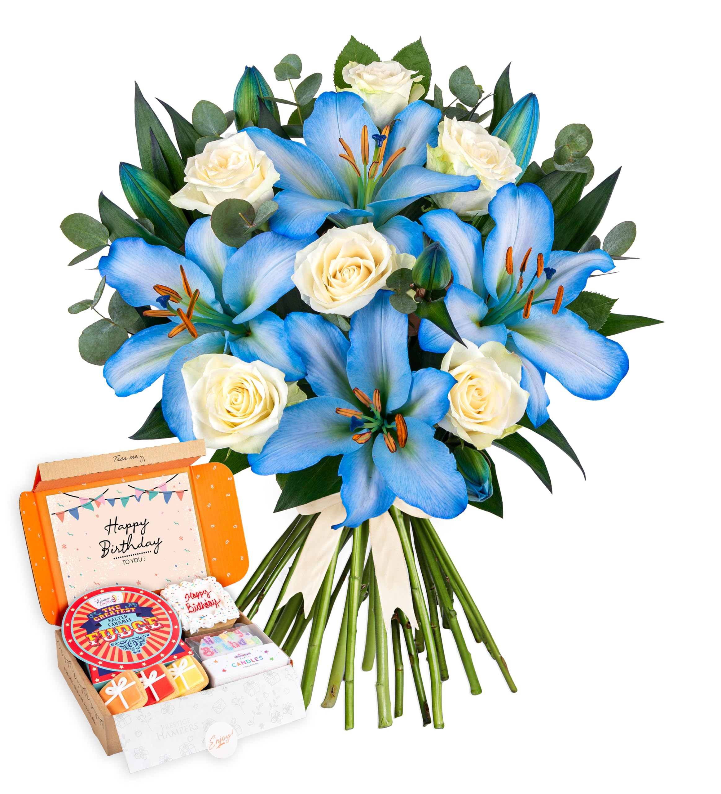 Ocean Rose and Lily - Fresh Cut Flowers - White Roses for Birthday, Anniversary, Get Well, Thank You, Sympathy, Wedding, Celebration - Floral Arrangement for Home Décor, Gift (+ Happy Birthday Postal)