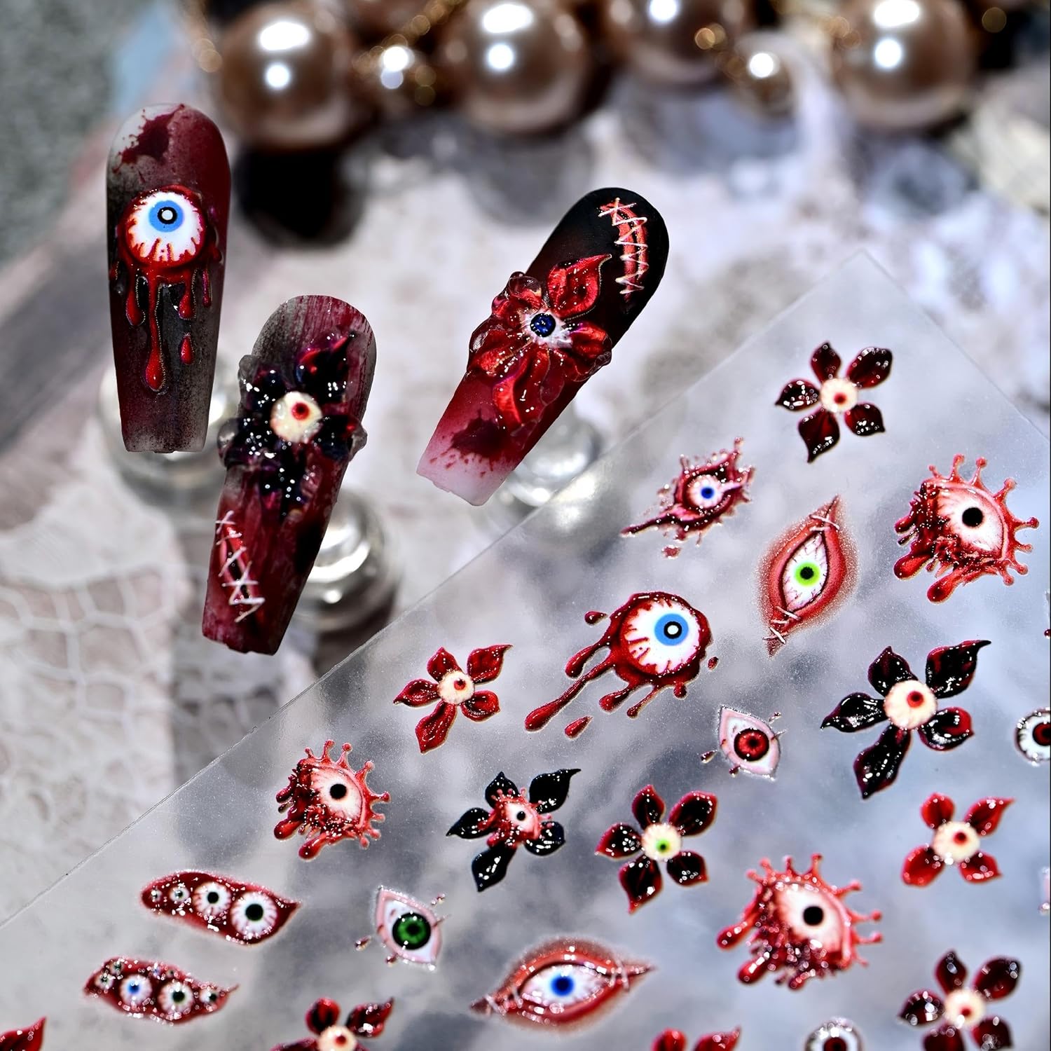 Dark Gothic Halloween Nail Stickers 3D Realistic Evil Spiders & Bloody Spider Web Self-Adhesive Nail Art Decoration for Women Girls Halloween Party