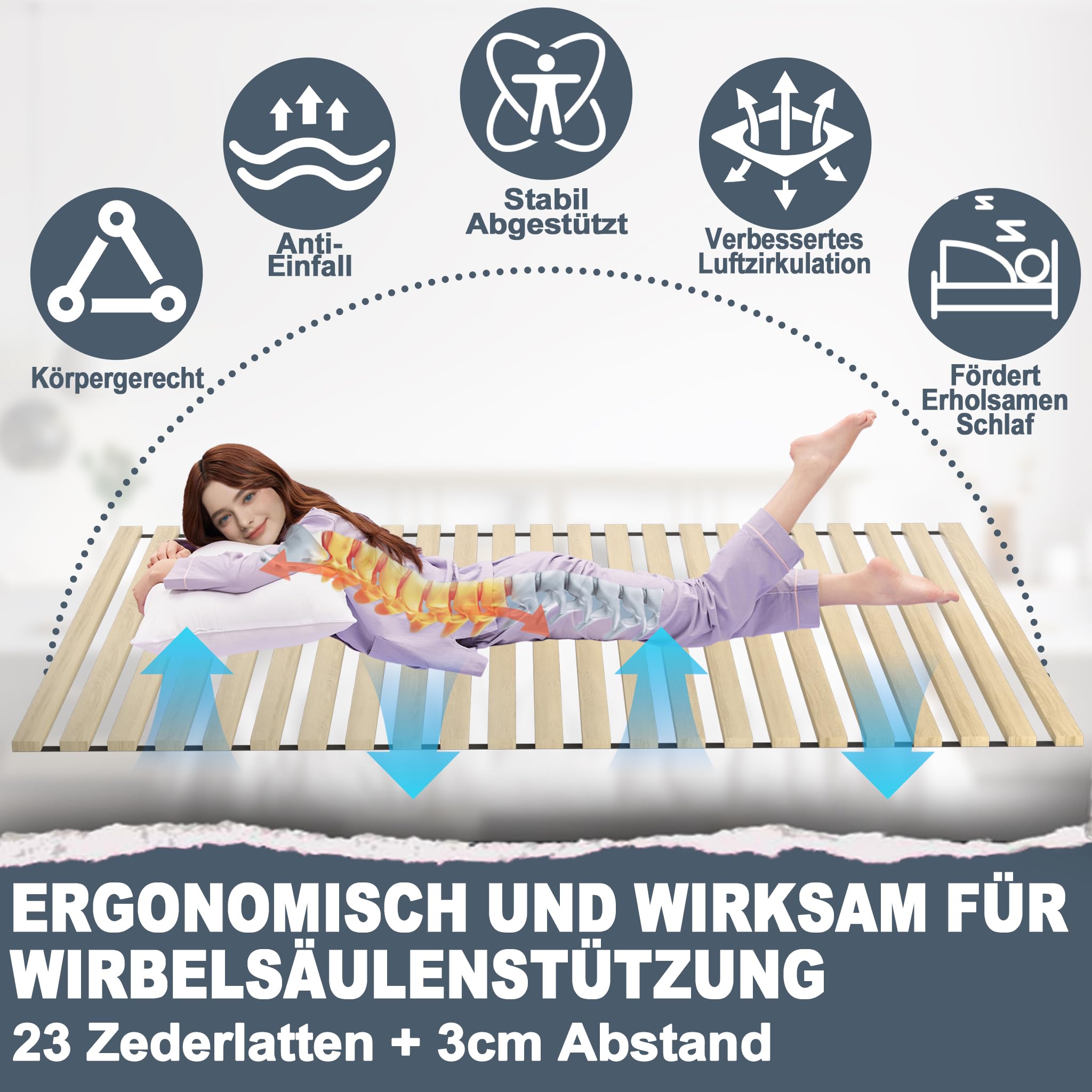 Aufrollbarer Lattenrost Rollrost 140x200cm, Mit 23 stabile Holzleisten & Schwarzes Gummiband, Belastbarkeit bis 300KG -M