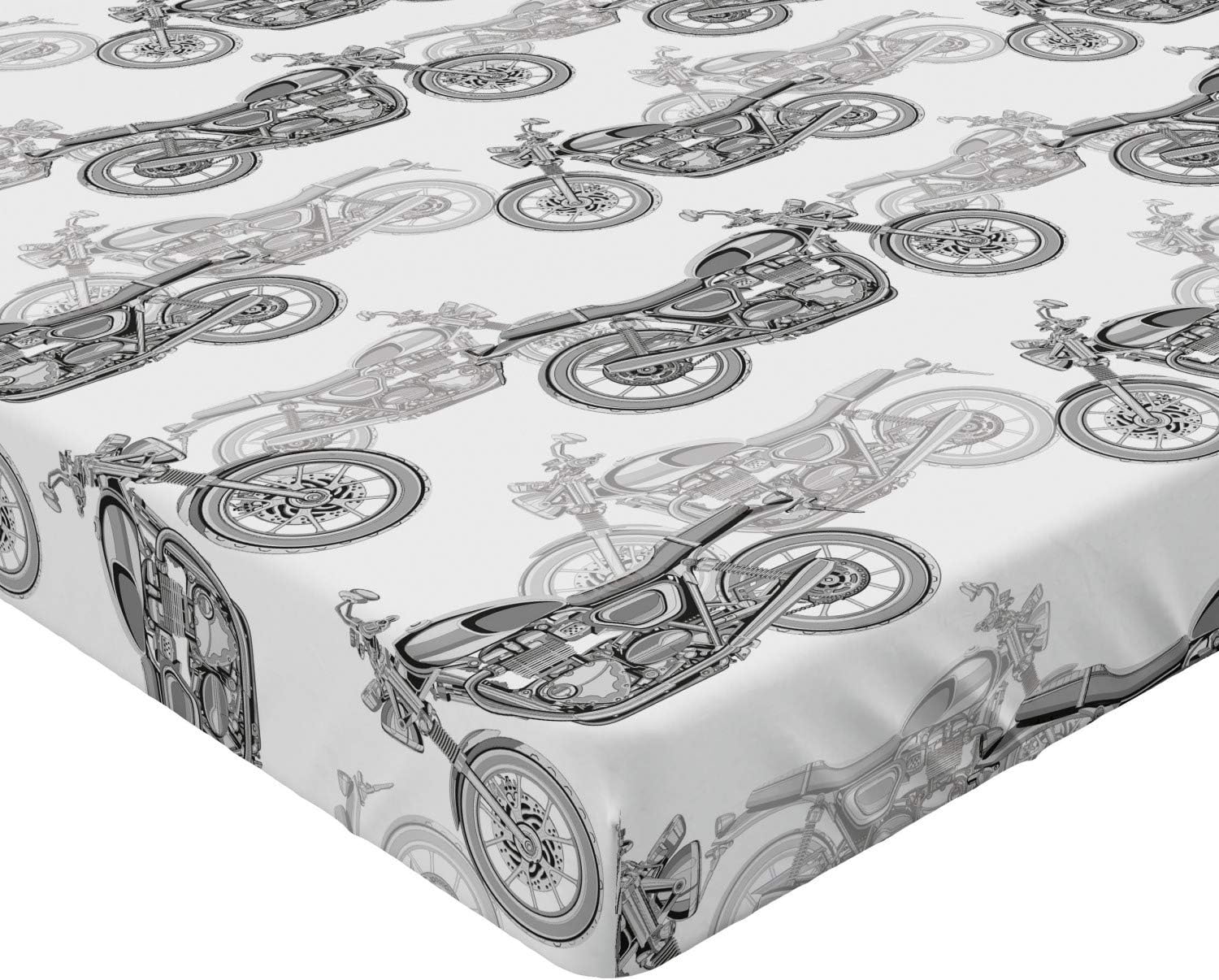 Ambesonne Motorcycle Fitted Sheet, Realistic Grayscale Illustration of Classic Motorcycles Many Details, Soft Decorative Fabric Bedding All-Round Elastic Pocket, Queen Size, White and Grey