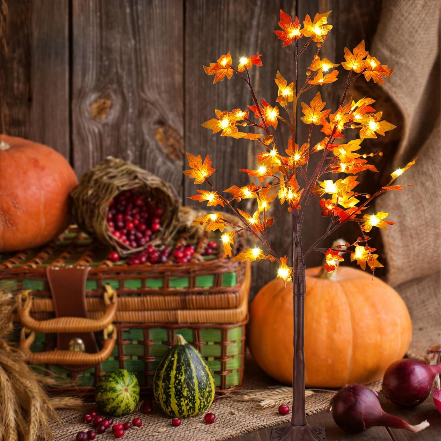 FORUP LED Lighted Maple Tree, 4 FT Lighted Artificial Tree for Thanksgiving Harvest Fall Festival Halloween Home Party Decoration