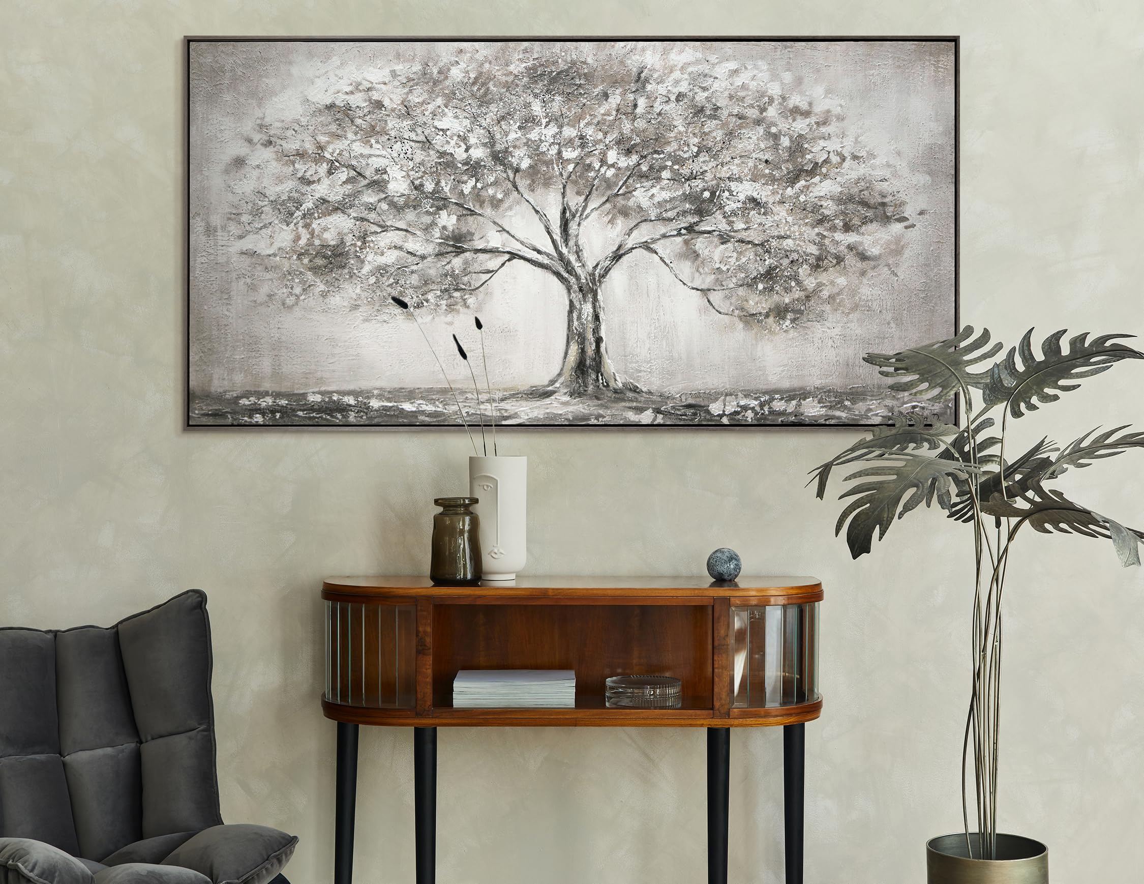 YS-Art Acryl Gemälde auf Leinwand handgemalt Lebensbaum Abstrakte Kunst Bilder Wohnzimmer Wandbilder modern mit grau Farben Grauen Farben mit Rahmen 100x50 cm