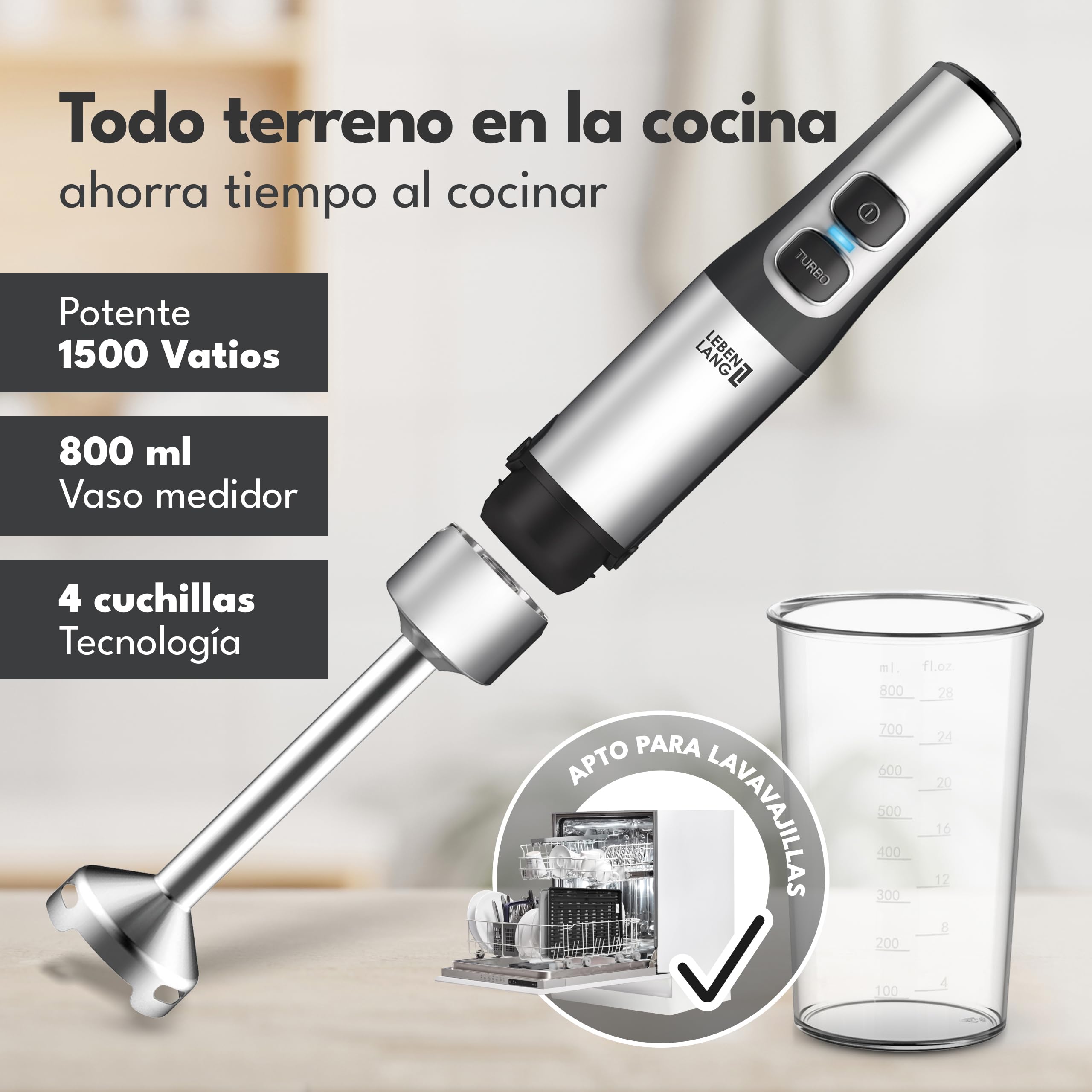 LEBENLANG Batidora mano de 1500W de acero inox - Jarra medidora de 800 ml & protector contra salpicaduras I Ajuste continuo & turbo I Procesador de alimentos Minipimer Blender Varinha magicas cozinha
