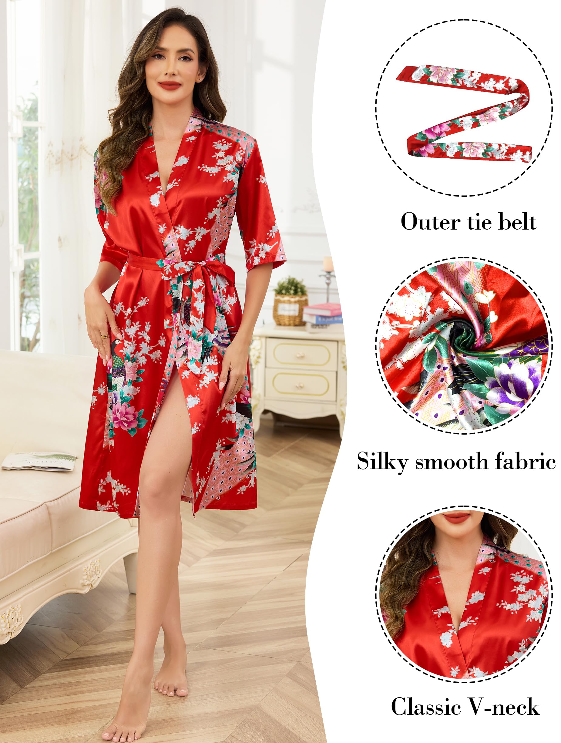 Vlazom Damski satynowy szlafrok długi jedwabny kimono szlafrok paw i kwiaty szlafrok dla panny młodej na wesele S-XXL