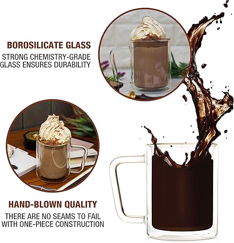 Miniatura 4 de Paquete de tazas de café Eparé de 12 oz juego de 2 y vasos de café retro de 16 oz juego de 2  tazas de doble pared transparente con asa cristalería