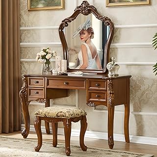 12 Bedroom Vanity Ideas for Beauty and Storage 11 Vintage Wooden Vanity Desk with Mirror and Stool, Antique Makeup Vanity ...