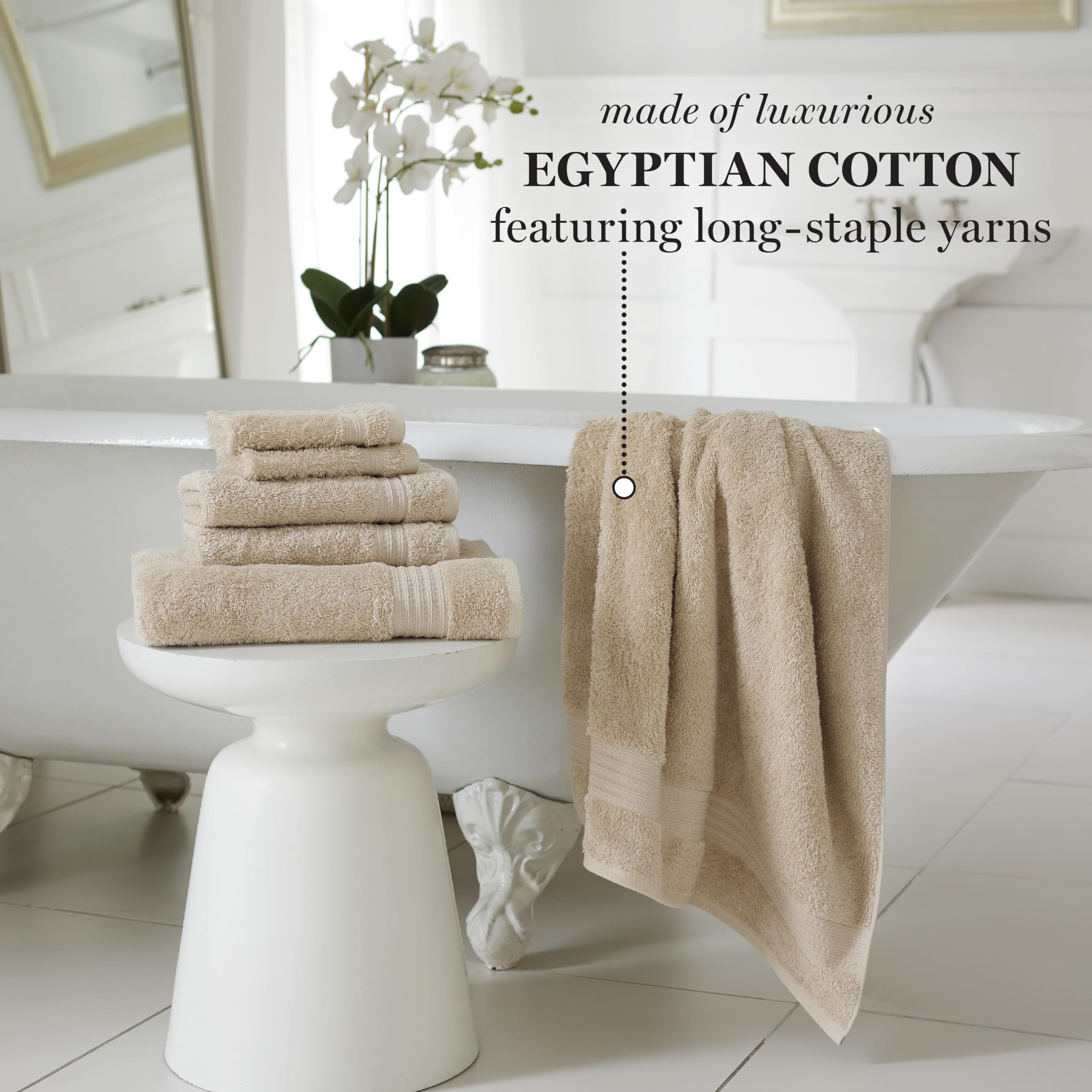 Martha Stewart Egyptian Cotton Bath Towels Set - 6 Piece, 2 Bath Towels - 2 Hand Towels - 2 Washcloths, Absorbent Bathroom Towels, Bathroom Essentials, Oyster