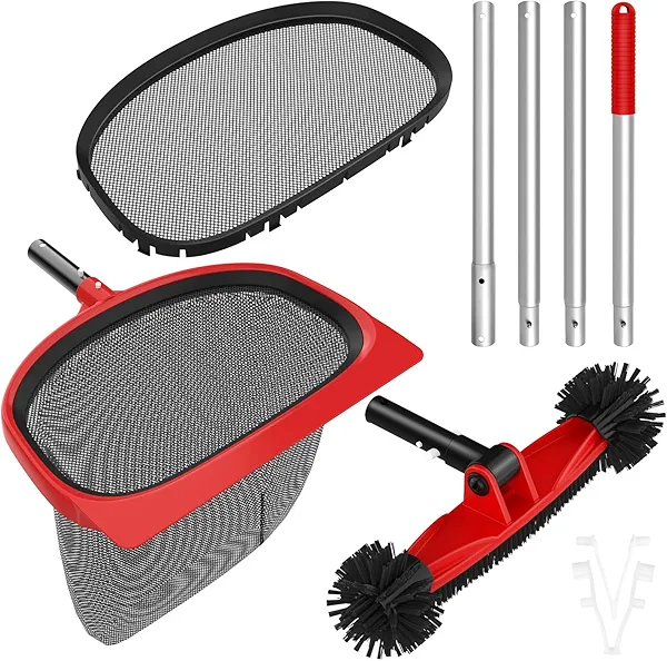 Swimming Pool Cleaning Kit Including 5.7 Feet Aluminum Pool Pole 4-Segment & Rotatable Pool Brush with Round End & Pool Leaf Rake Fine Mesh Net,Replaceable Pool Cleaning Leaf Skim Net-Fast Cleaning