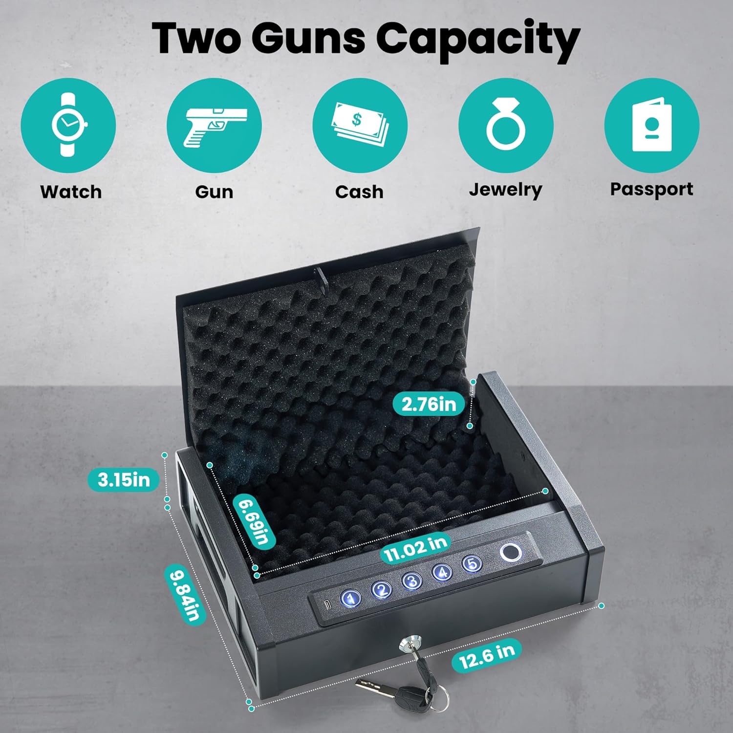 BODIOO Gun Safe, Quick Access Biometric Pistol Case with 3-Ways Unlock (Fingerprint/Digital PIN/Key), LED Light for Nightstand, Dual Power Supply, Ultra-Lightweight&Portable, Foam-Lined Interior