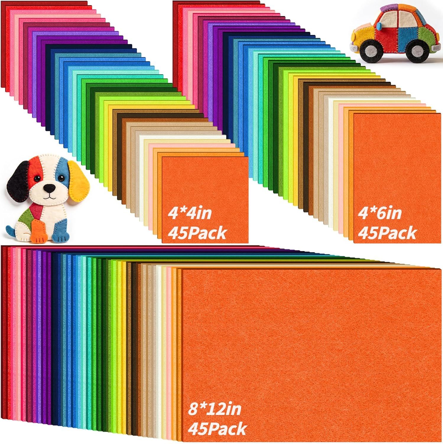 Oleitodh 135PCS Felt Fabric Sheets Craft Kit 4"x 4" + 4"x 6"+ 8"x 12", 45 Assorted Colors - 2mm Thick Square Nonwoven Felt Fabric for DIY Sewing Crafts, Patchwork, School Projects, Decoration